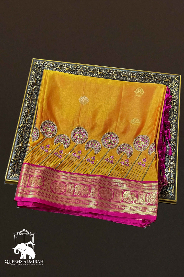 MANGO YELLOW WITH BERRY PINK SOFT SILK SAREE - Queens Jewel Emporium