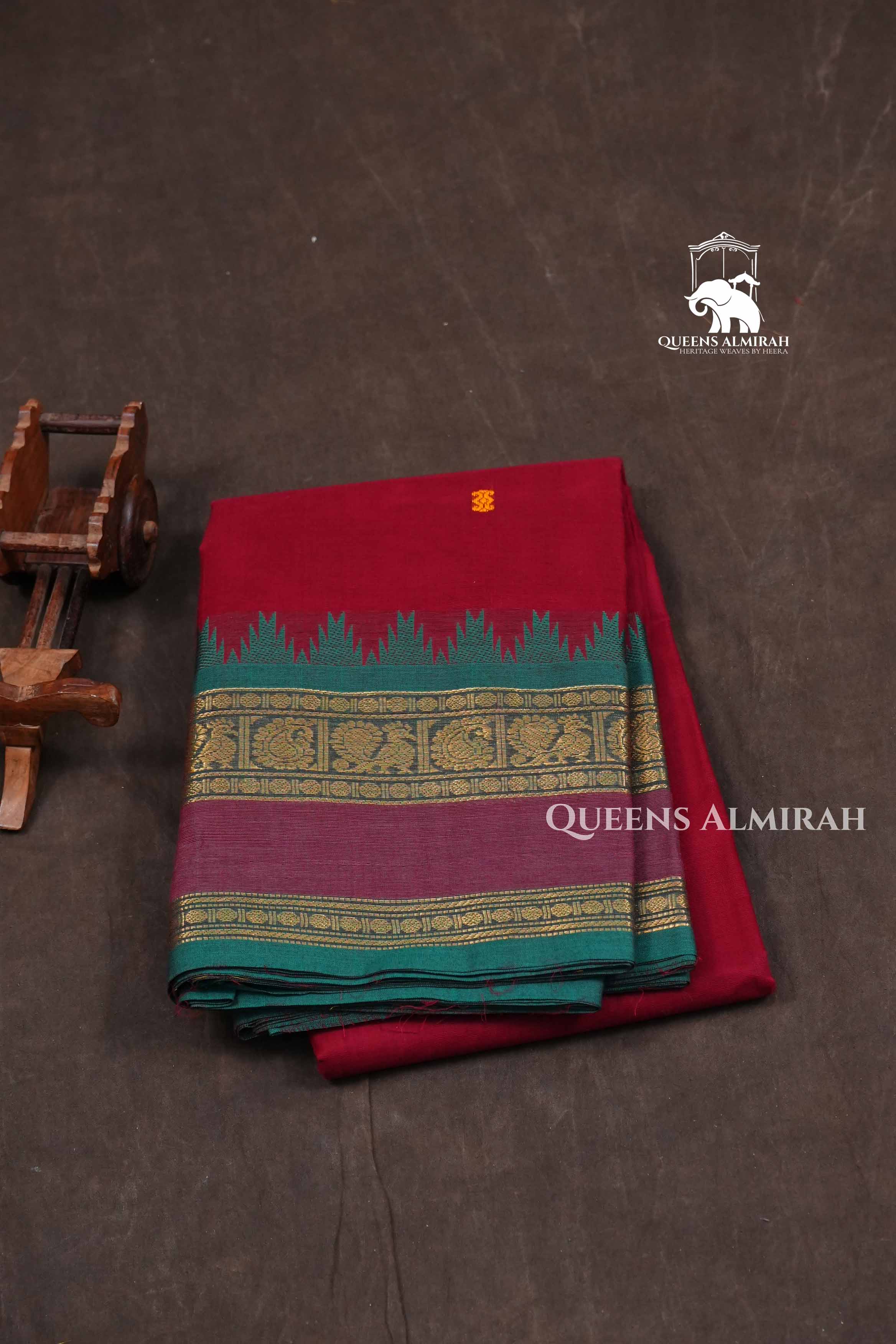 Maroon With Green Kanchi Cotton Saree