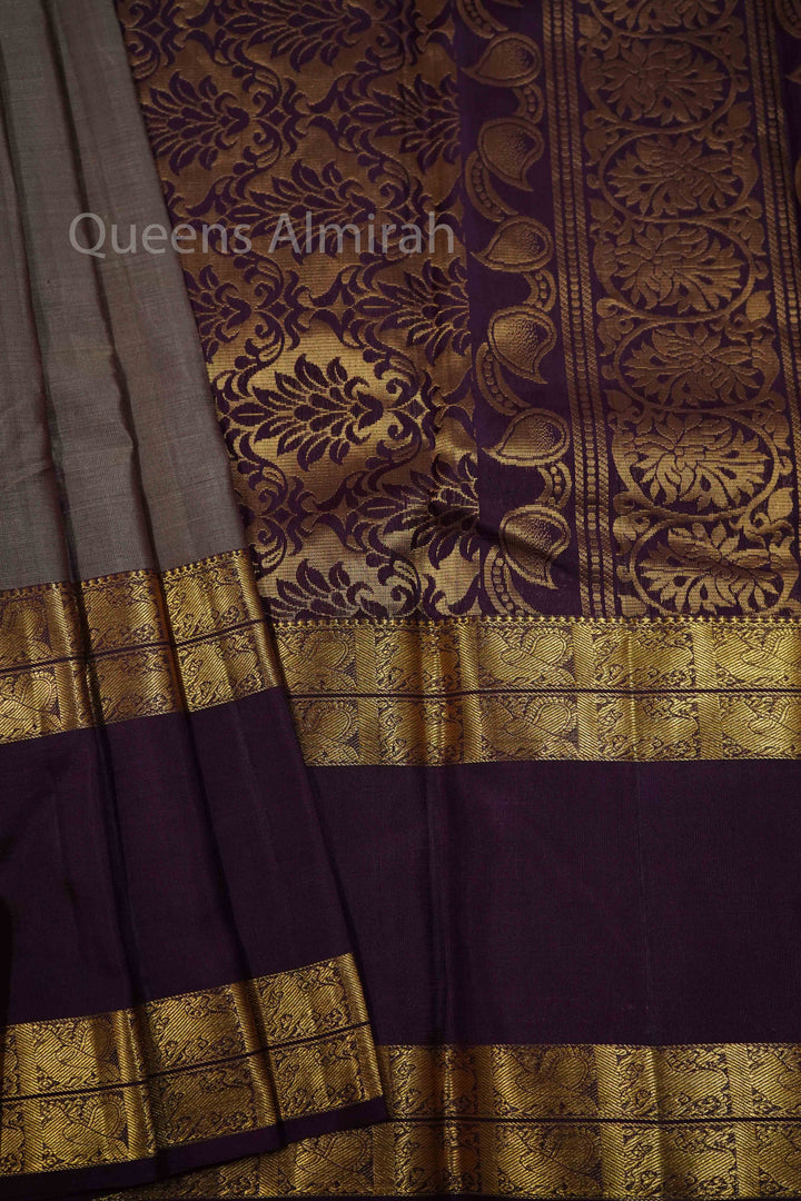 PURPLISH GREY WITH PLUM PURPLE KANCHIVARAM SILK SAREE - Queens Jewel Emporium