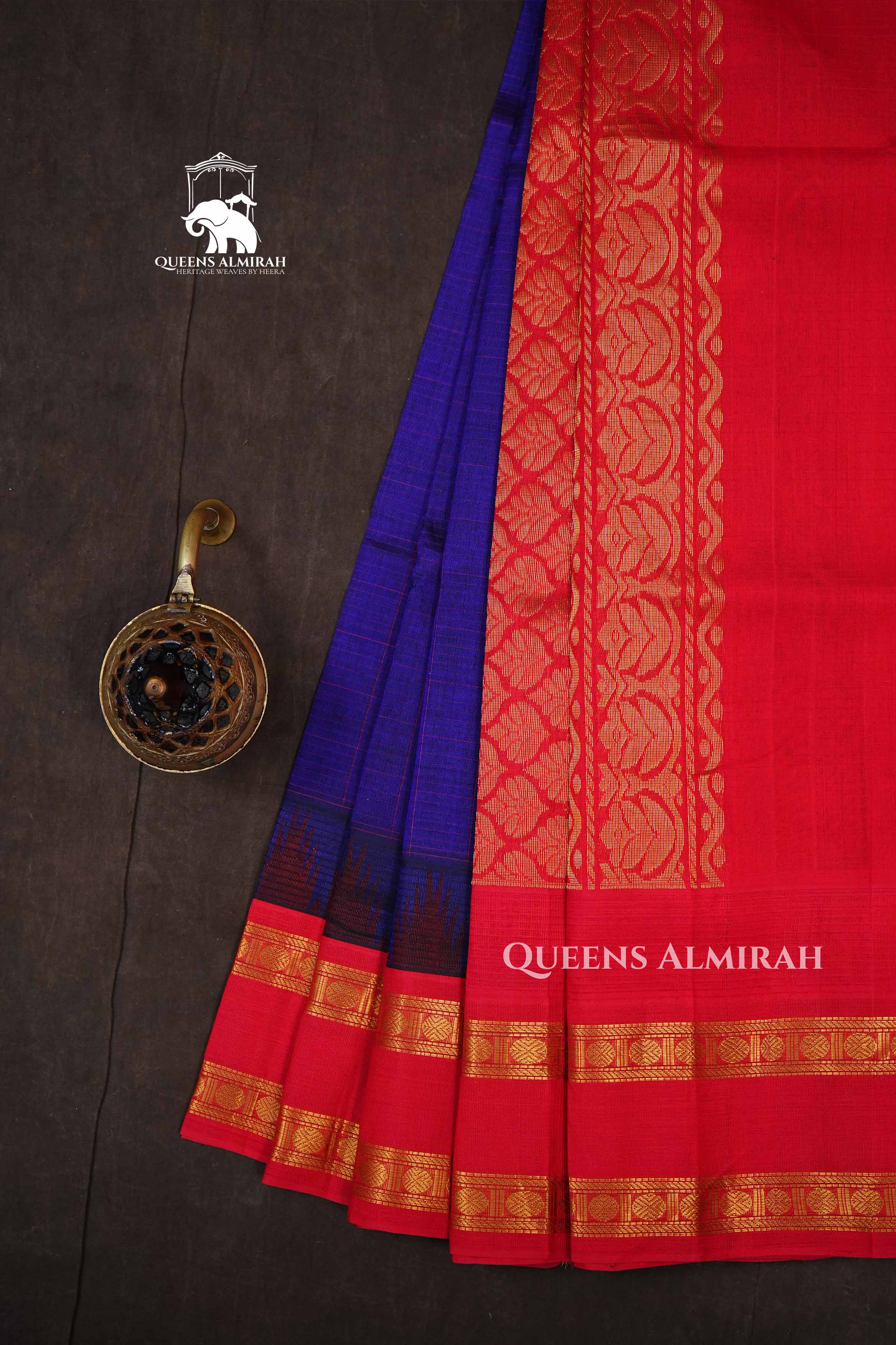 Dark Navy Blue With Red Pure Kanchi Silk Cotton Saree