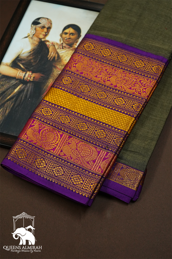 GREY WITH LONG MULTI COLOUR ZARI BORDER NARAYANPET COTTON SAREE - Queens Jewel Emporium