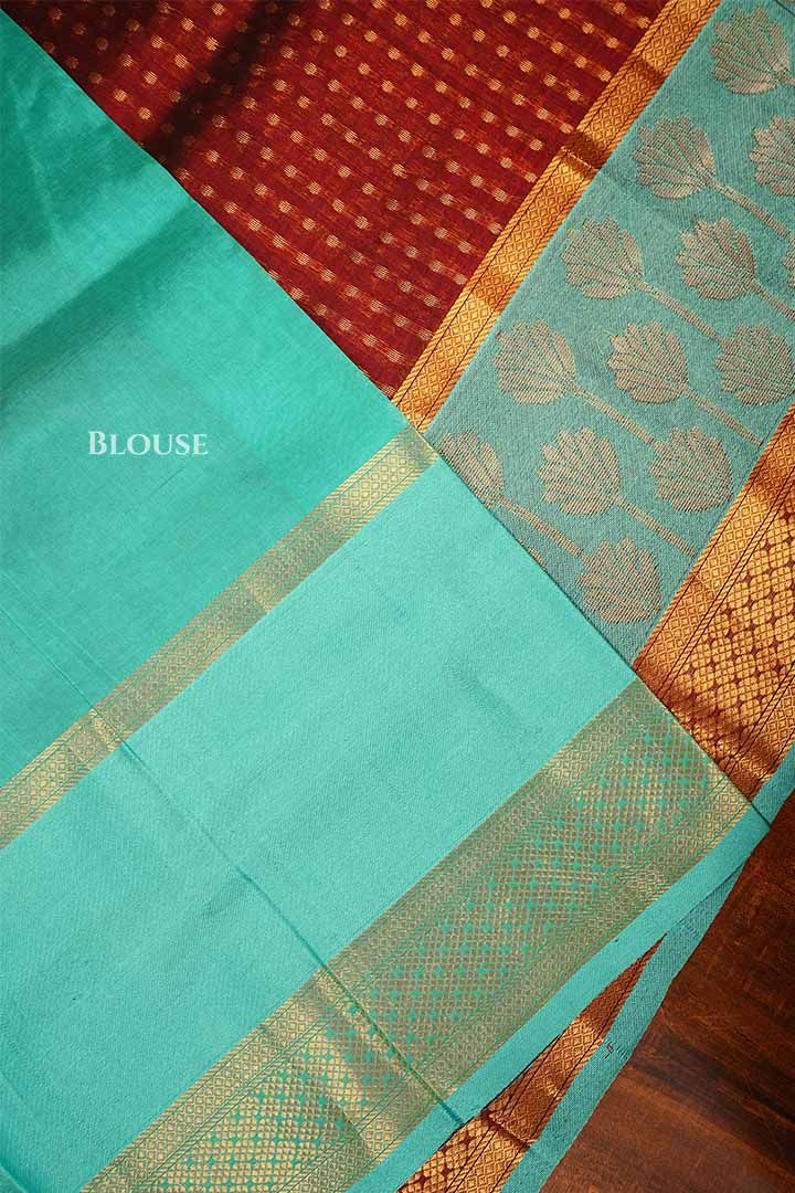 Maroon With Tuquoise Blue Pure Kanchi Silk Cotton Saree
