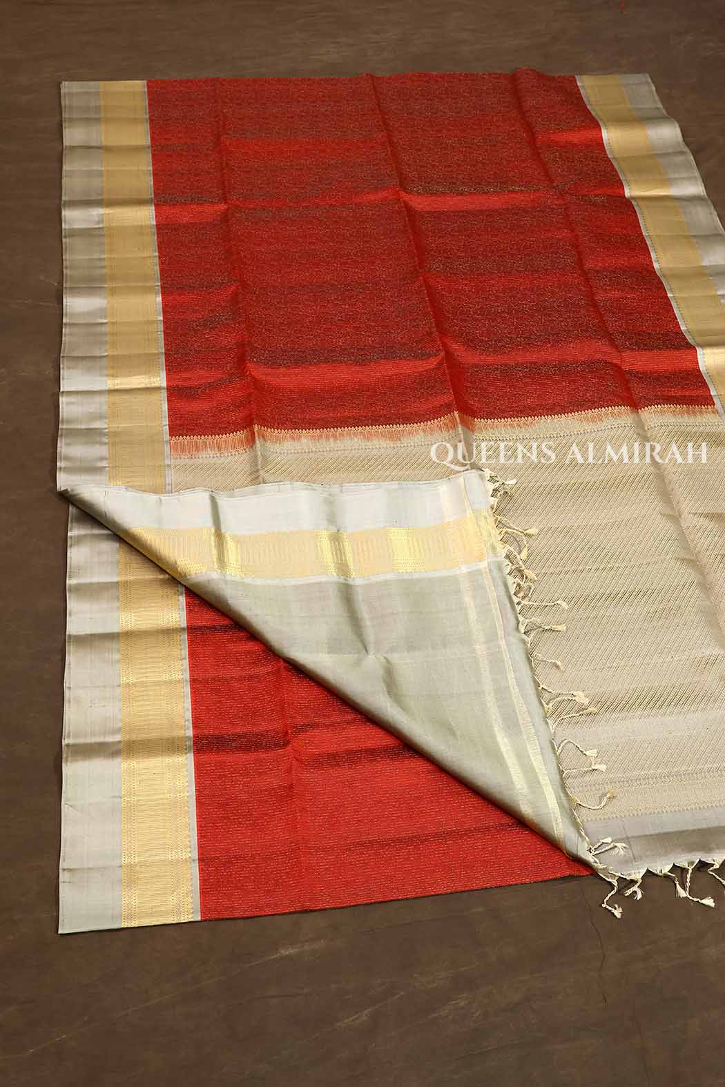 Maroon With Grey Pure Soft Silk Saree