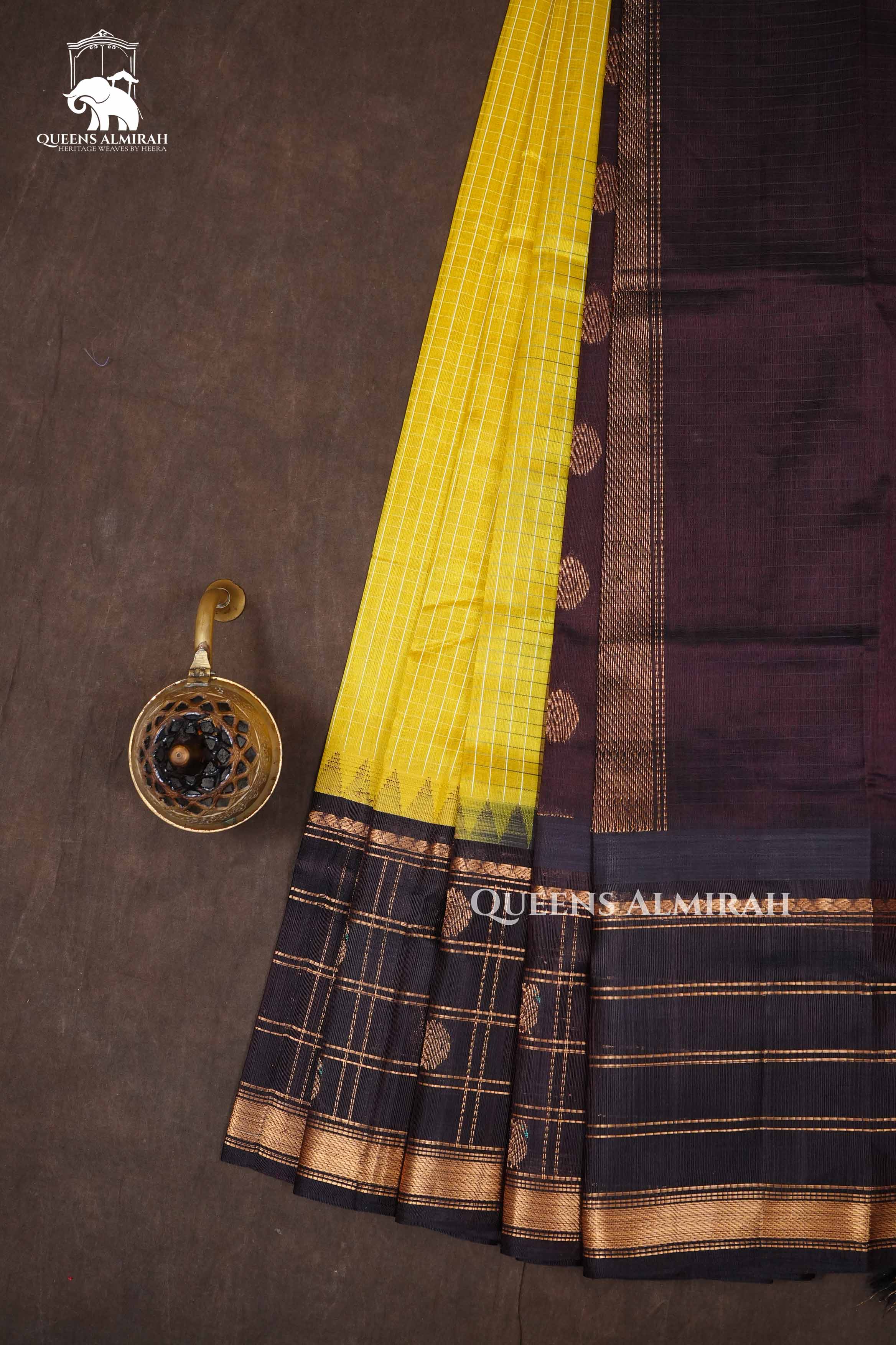 Yellow With Dark Brown  Pure Kanchi Silk Cotton Saree
