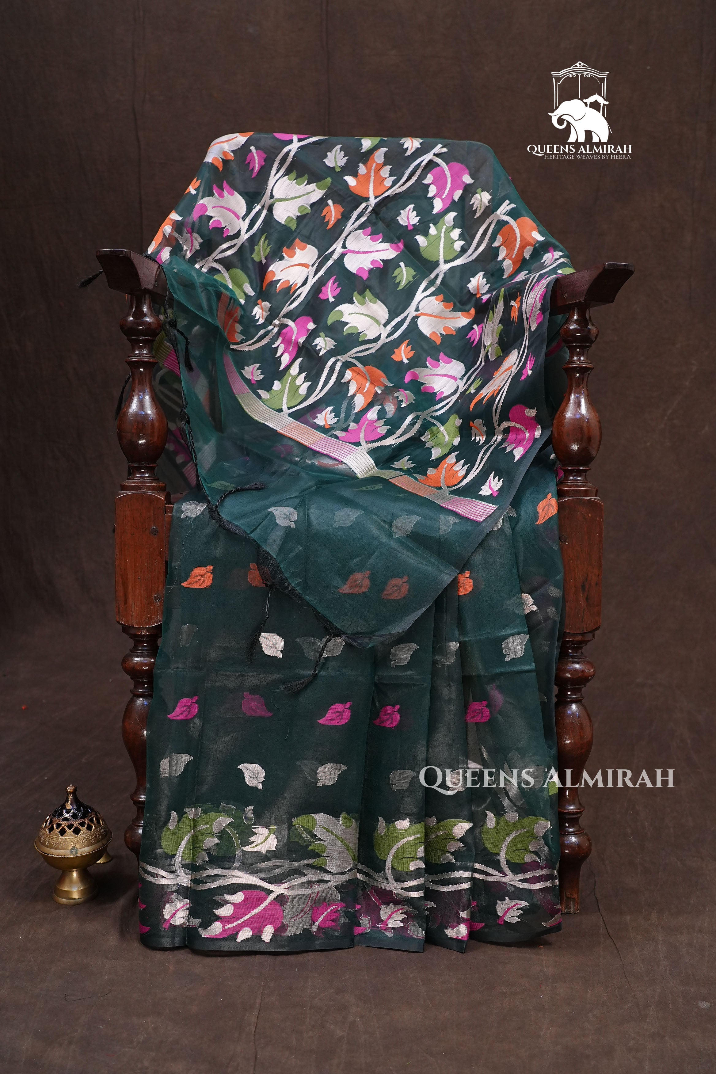 Dark Green Muslin Jamdani Saree