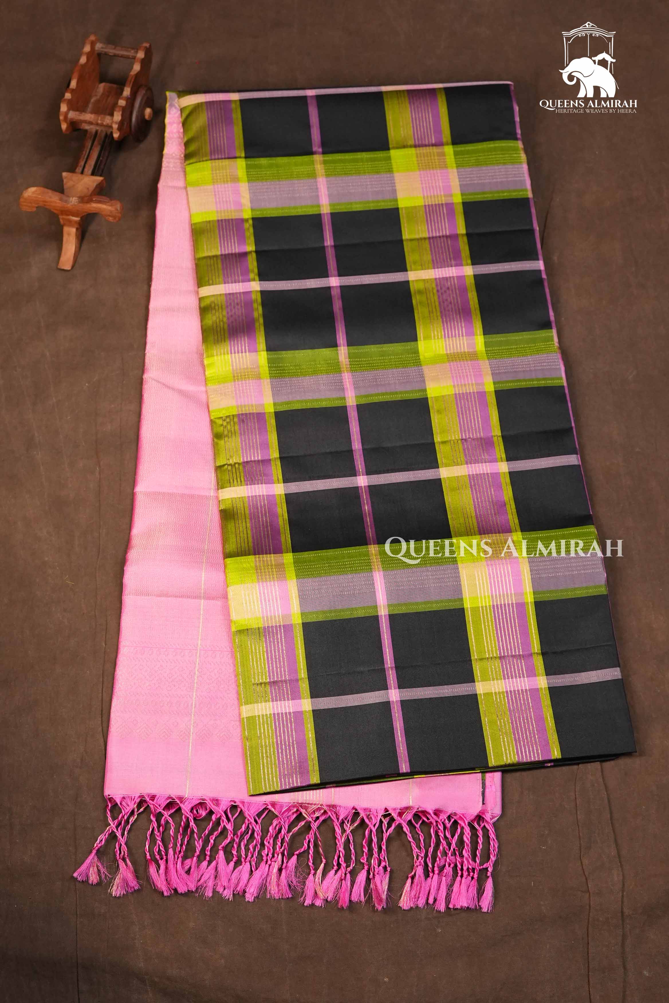 Black With Pink And Neon Green Burberry Checks Pure Soft Silk Saree