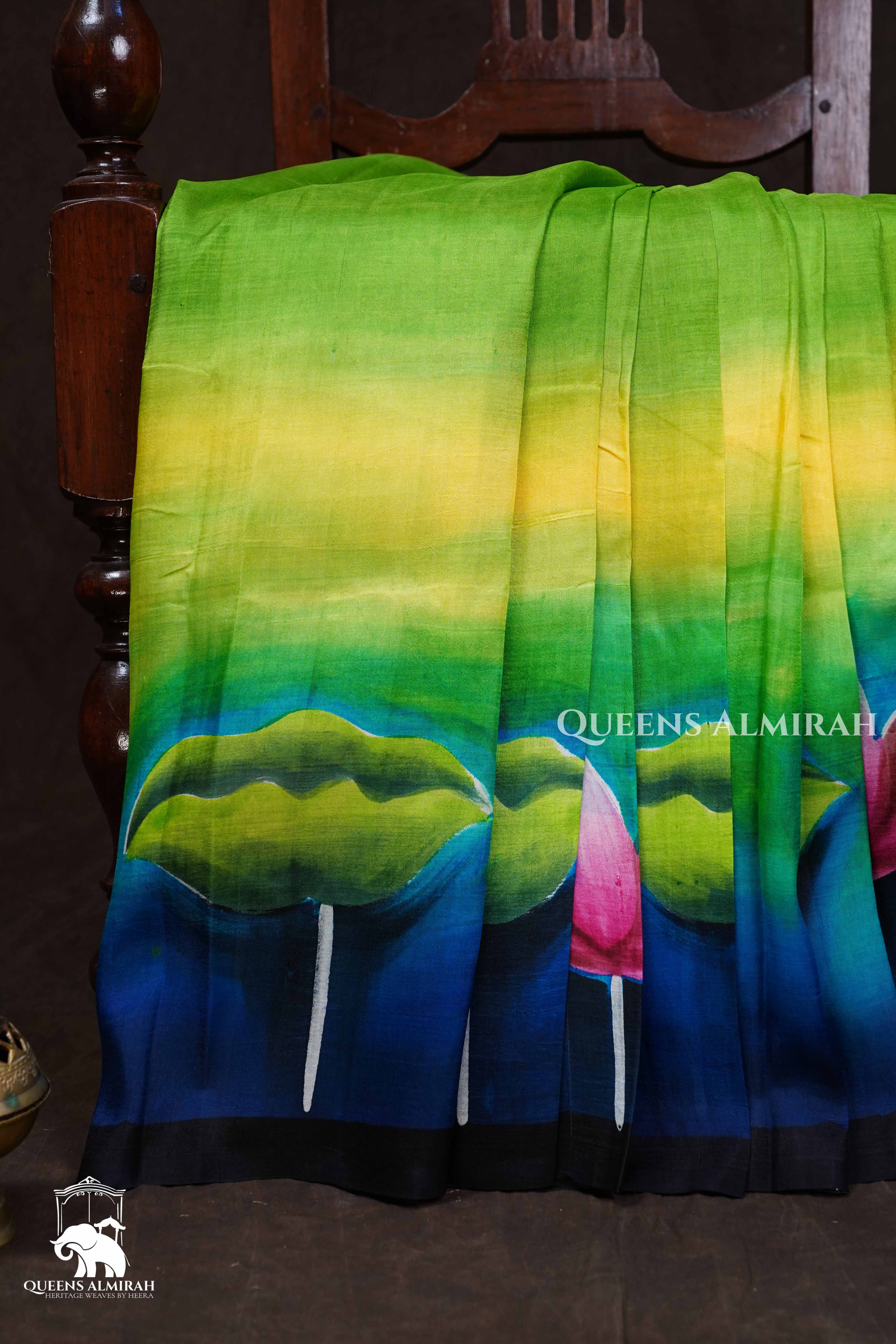 Leaf Green Handpainted Pure Tussar Silk Saree