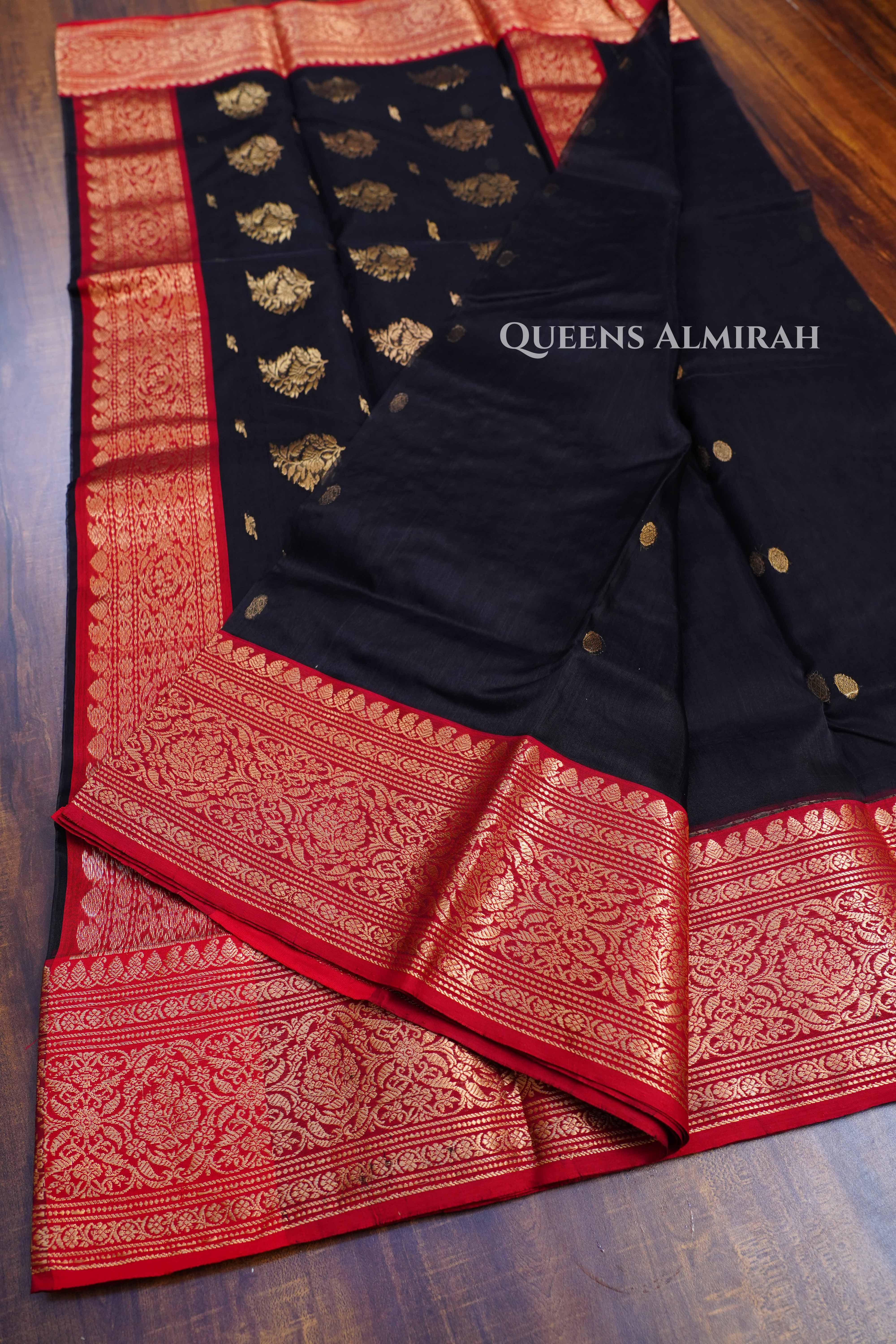 Black With Red Border Chanderi Katan Silk Handloom Saree