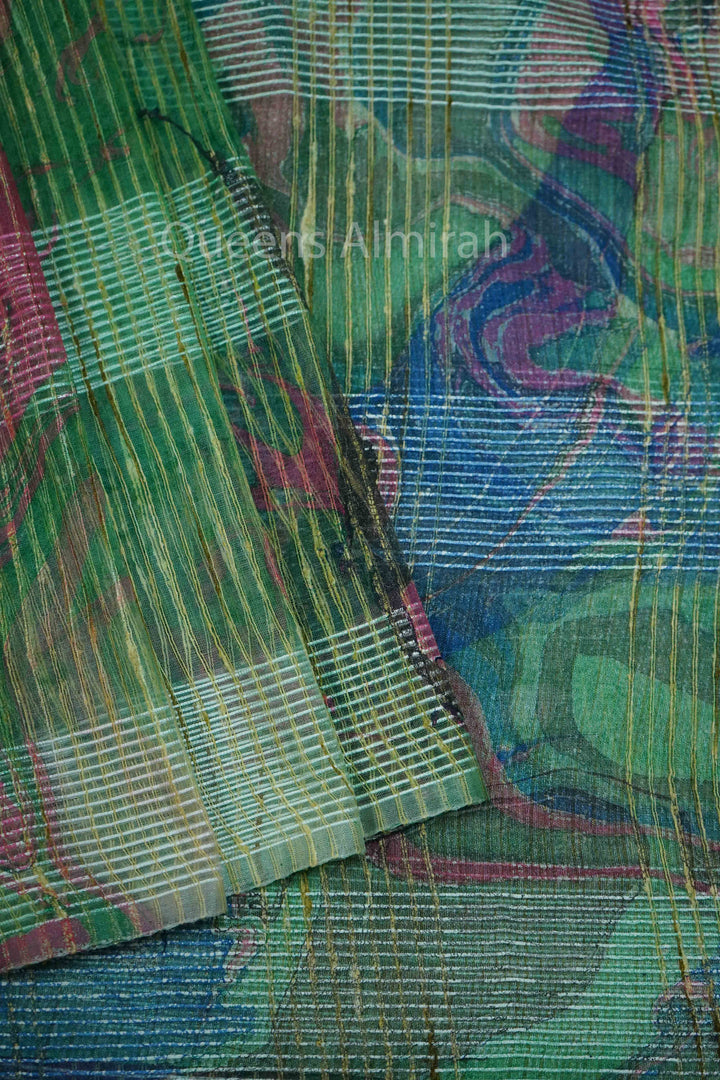 DUSTY GREEN MARBLE PRINT GHICHA ORAGANZA SAREE - Queens Jewel Emporium