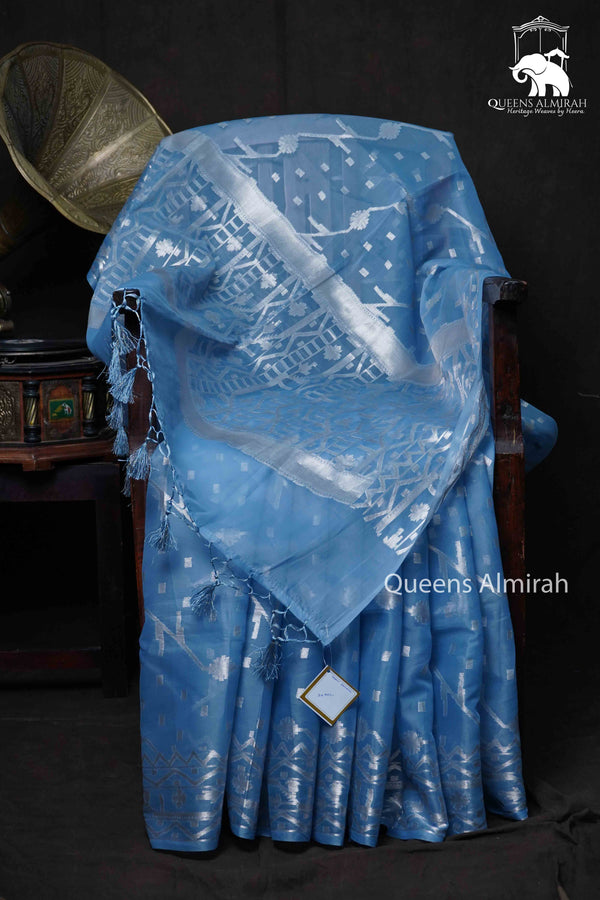 DUSKY BLUE MUSLIN JAMDANI SAREE - Queens Jewel Emporium