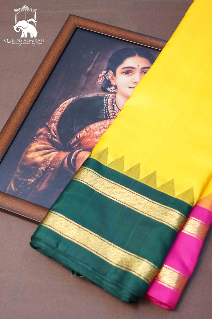 MANGO YELLOW WITH BOTTLE GREEN AND MAGENTA PURE KANCHIVARAM SILK SAREE - Queens Jewel Emporium