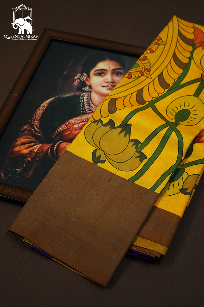 MANGO YELLOW WITH COCOA BROWN KANCHIVARAM SILK SAREE - Queens Jewel Emporium