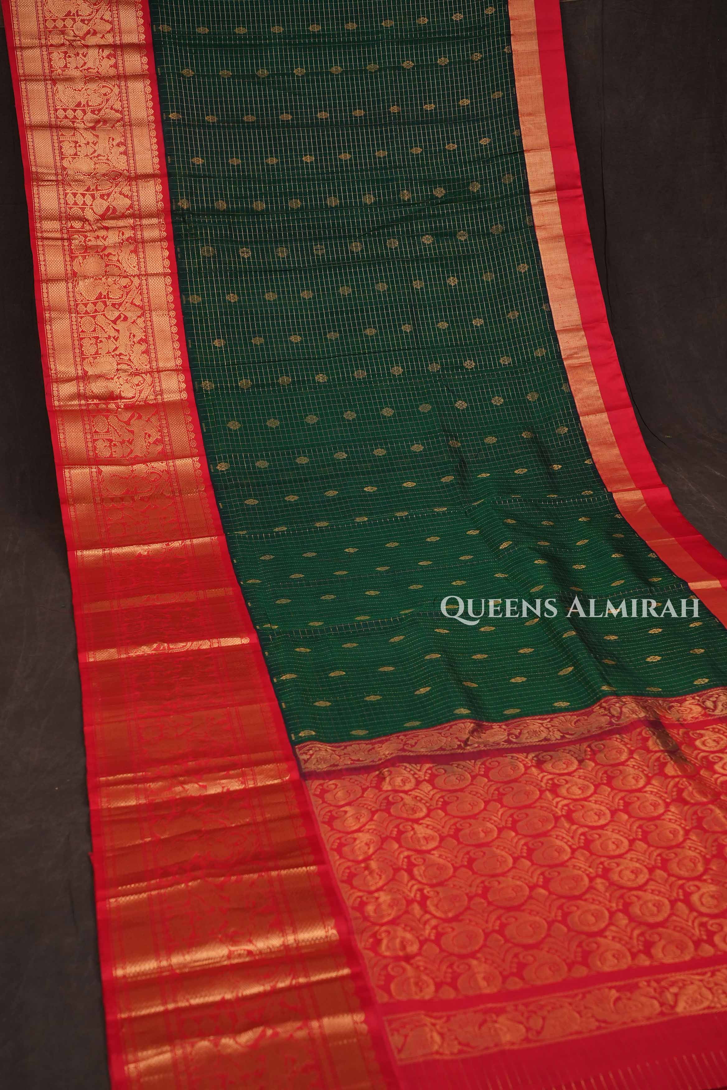 Dark Green With Red Pure Kanchi Silk Cotton Saree