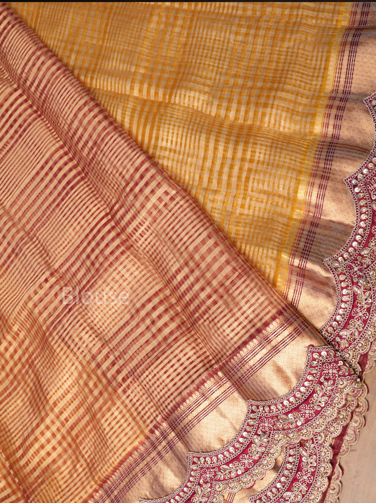 Mustard Yellow with Burgundy Radhe Leela Pure Chanderi Designer Silk Saree
