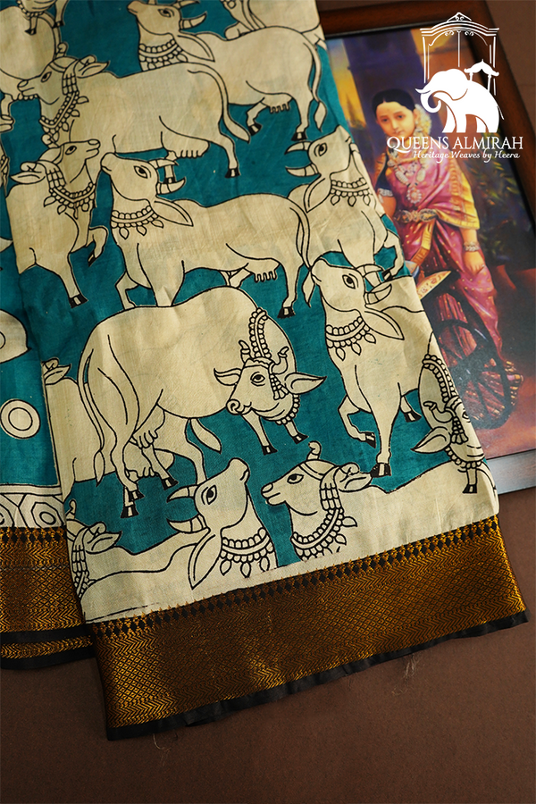 DARK AQUA BLUE MANGALGIRI SAREE - Queens Jewel Emporium