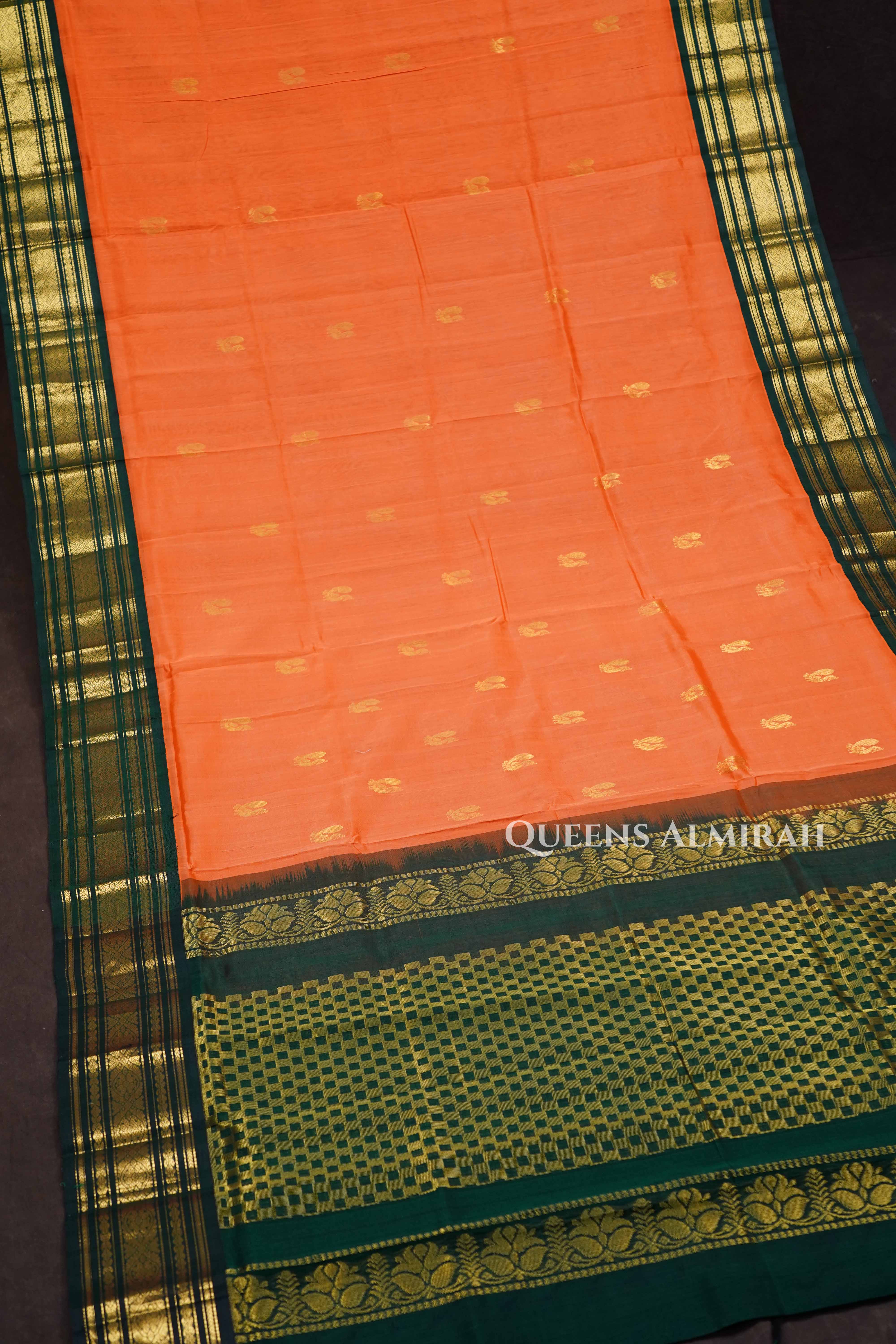 Orange With Green Pure Silk Cotton Saree