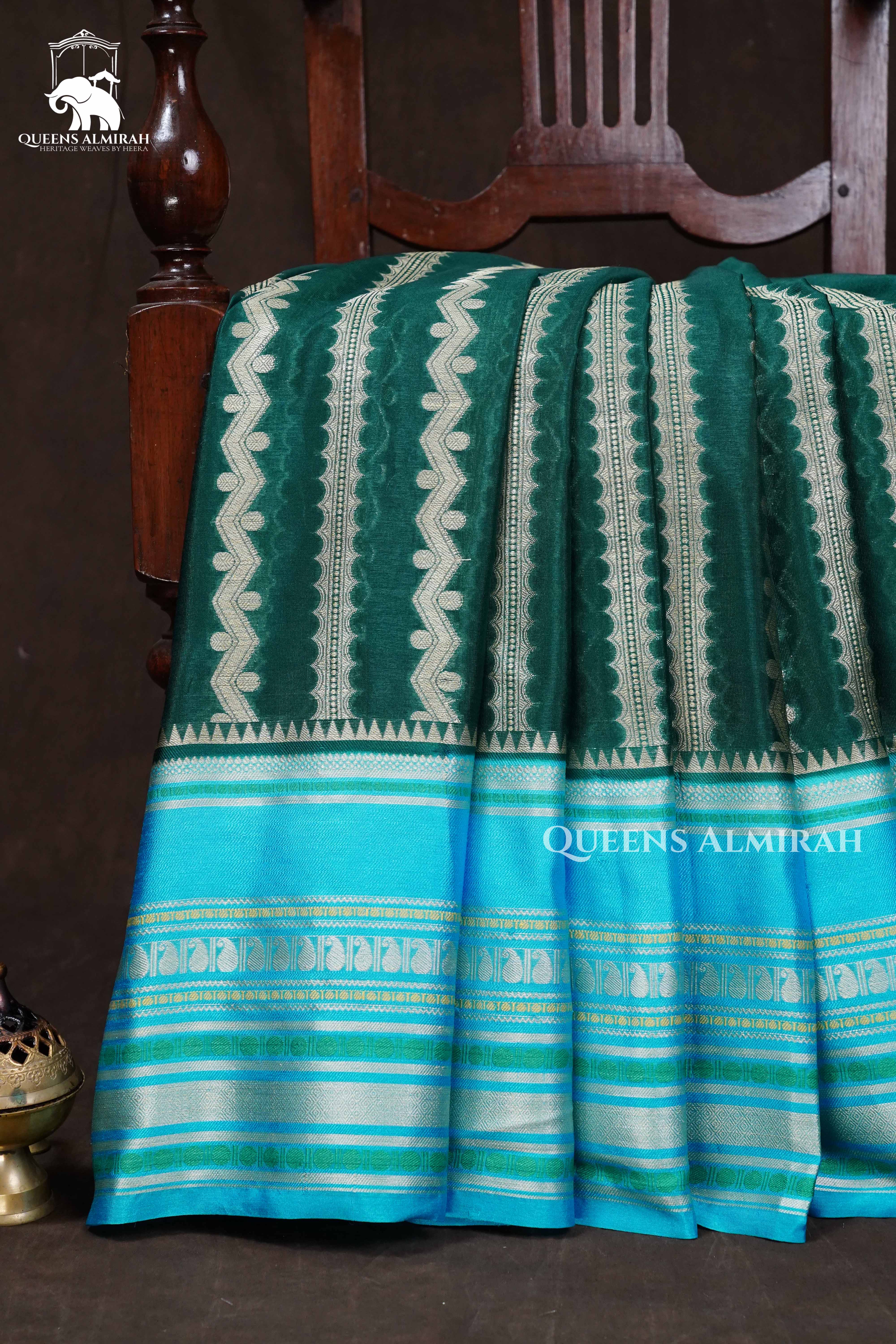 Green With Sky Blue Semi Banarasi Silk Saree