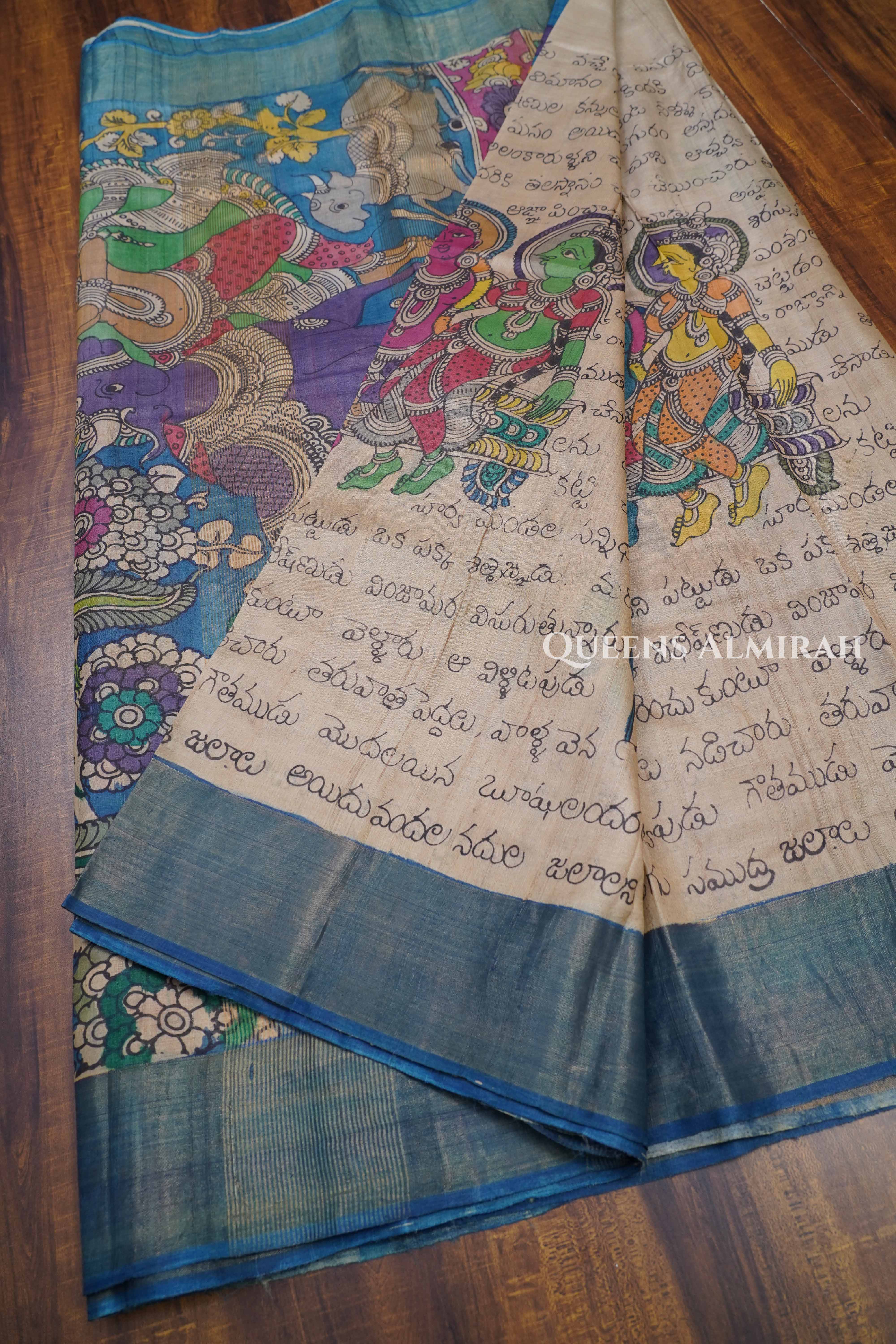 Pen Kalamkari Pure Tussar Silk Saree