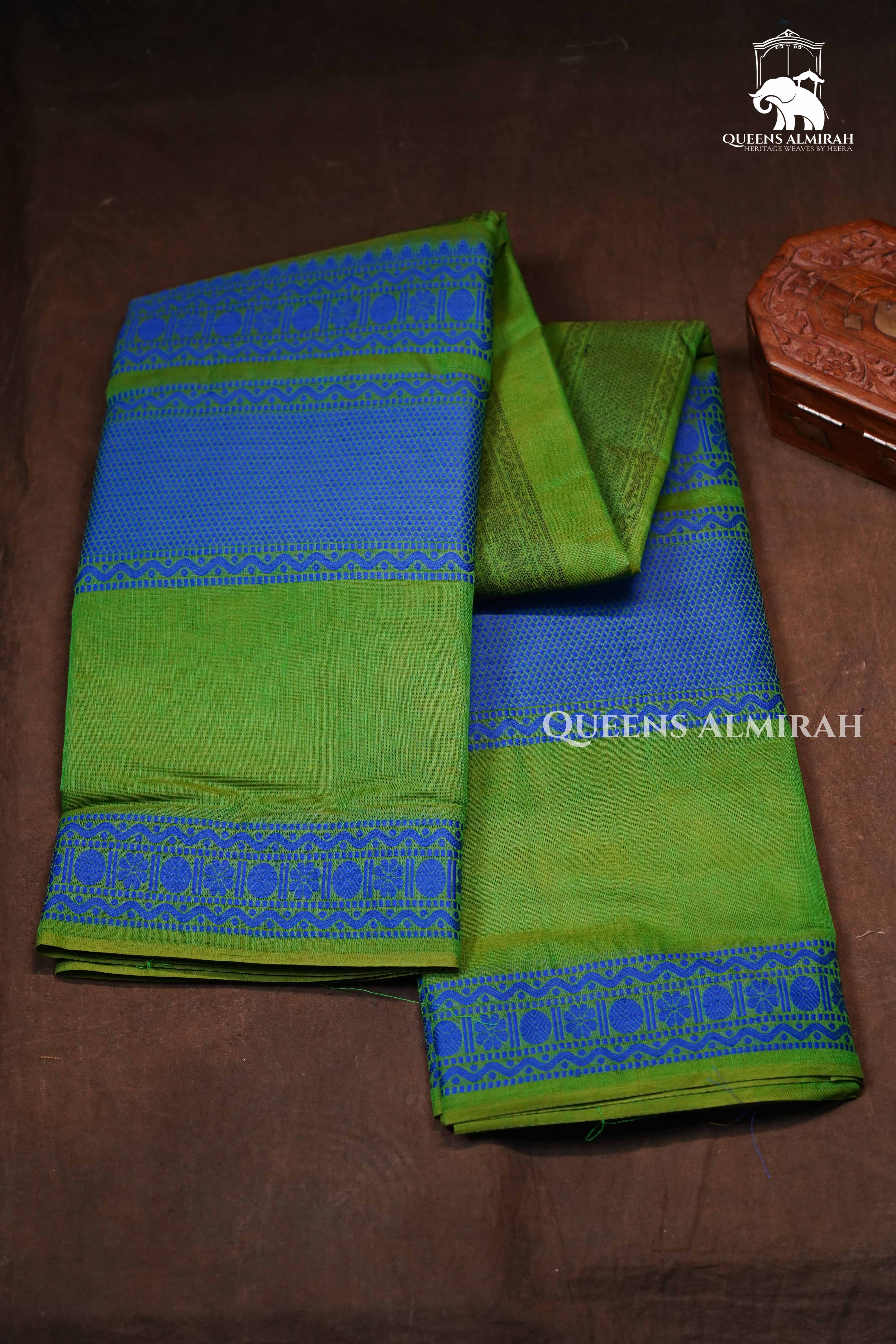 Leaf Green With Blue Chettinad Cotton Saree