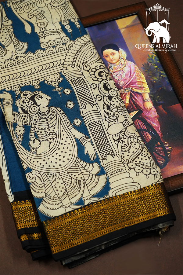 BLUE  WITH BLACK AND GOLDEN BORDER MANGALGIRI SAREE - Queens Jewel Emporium