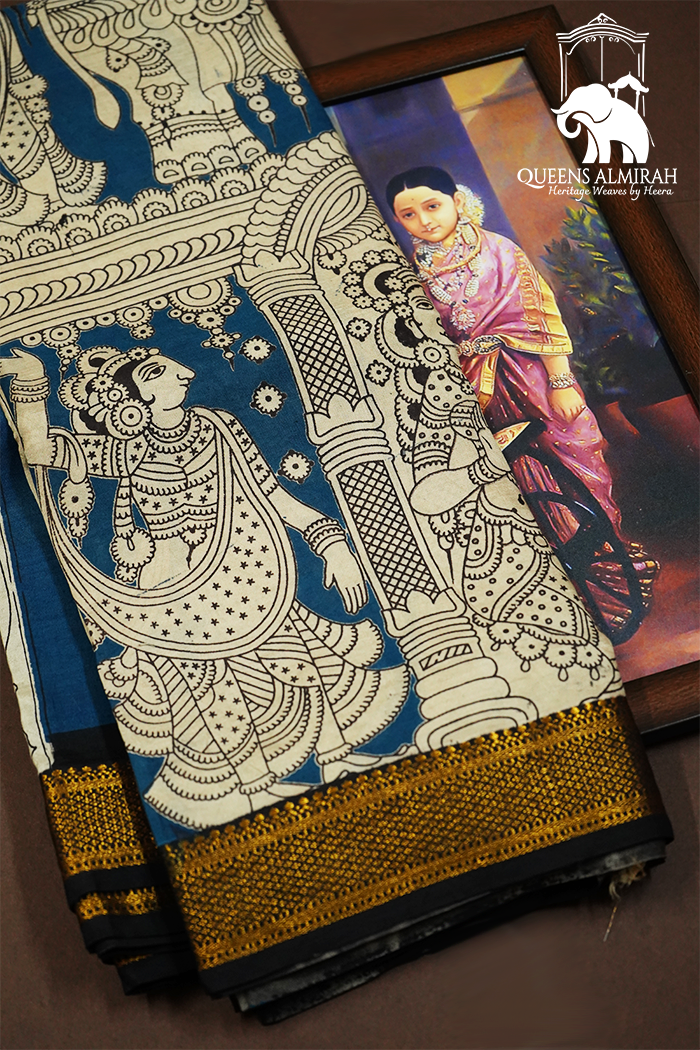 BLUE  WITH BLACK AND GOLDEN BORDER MANGALGIRI SAREE - Queens Jewel Emporium