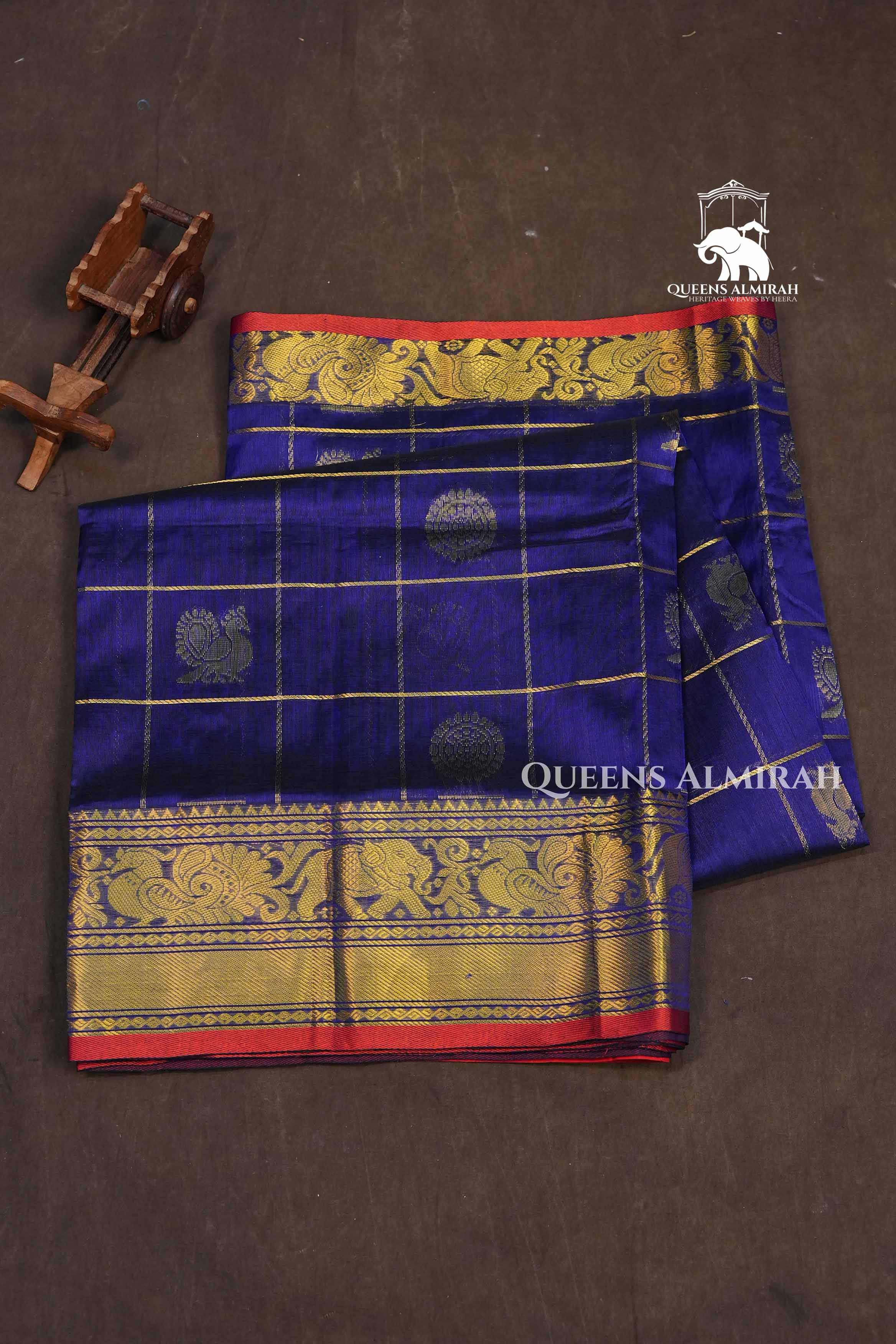 Navy Blue And Red Pure Silk Cotton Saree
