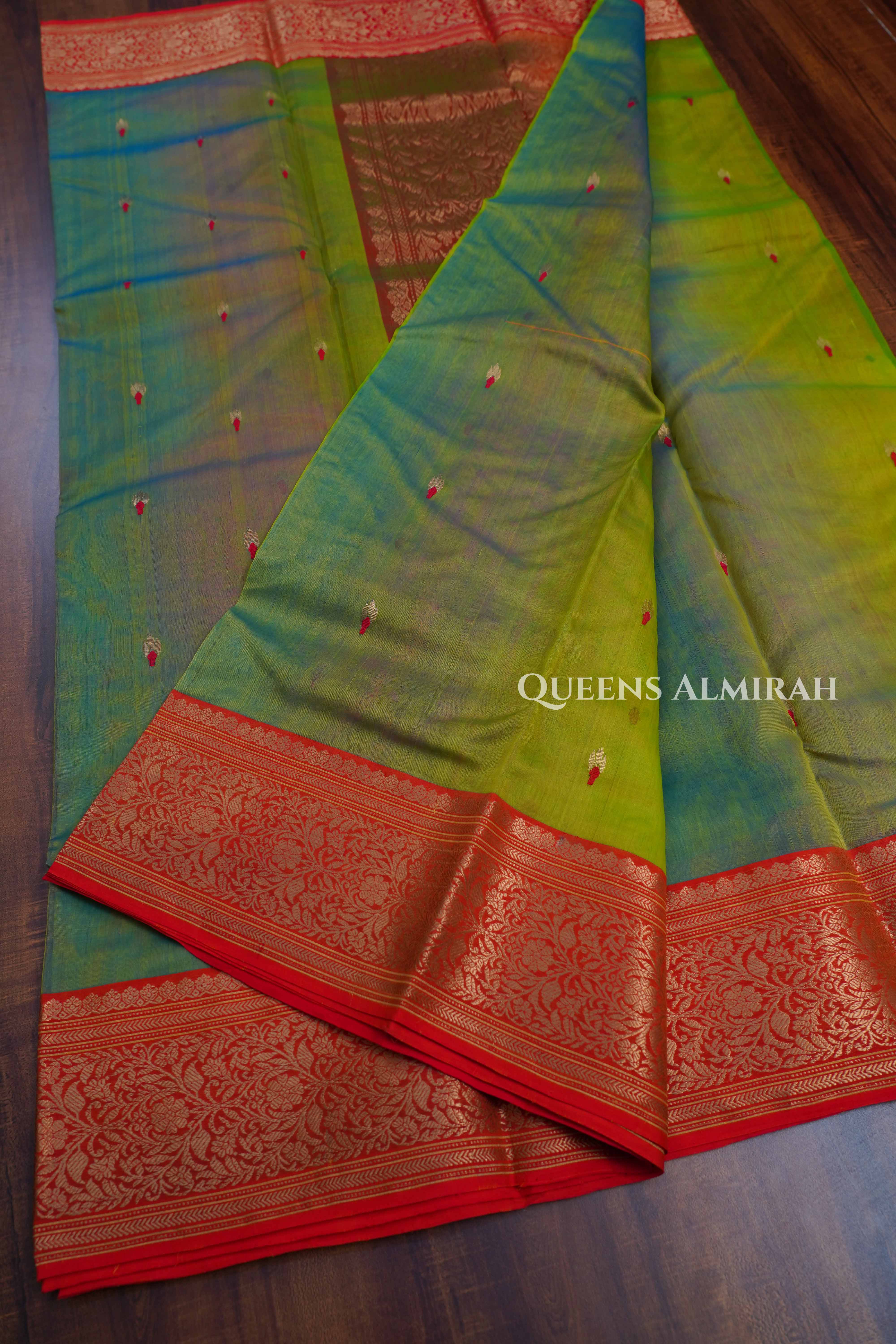 Shade Of Macaw Parrot -Chanderi Katan Silk Handloom Saree 1