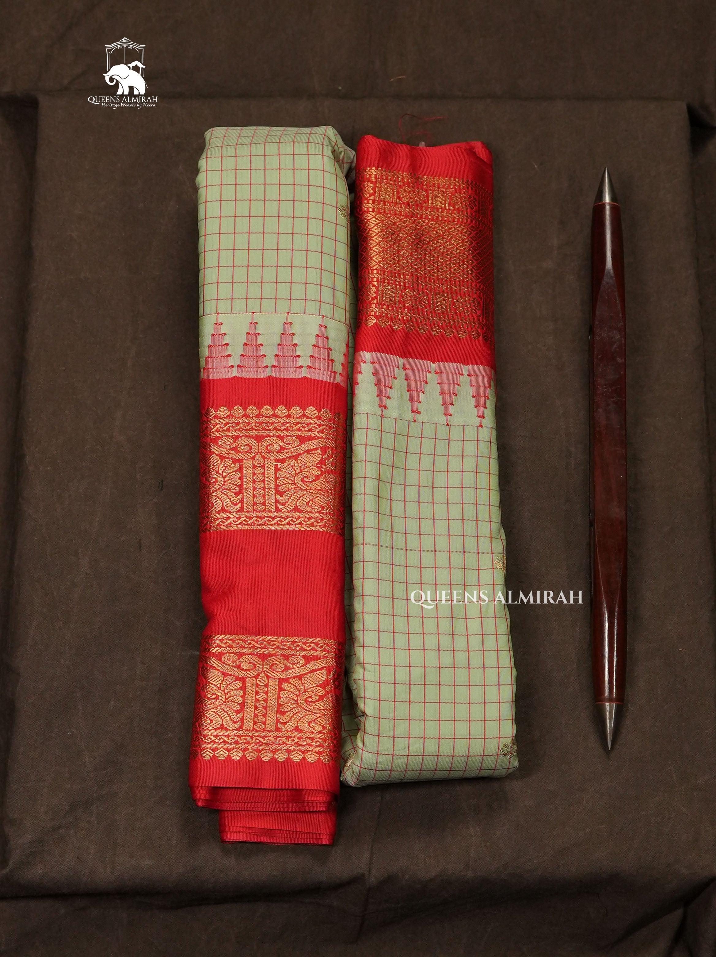 Mint Green With Red Semi Gadwal Silk Saree