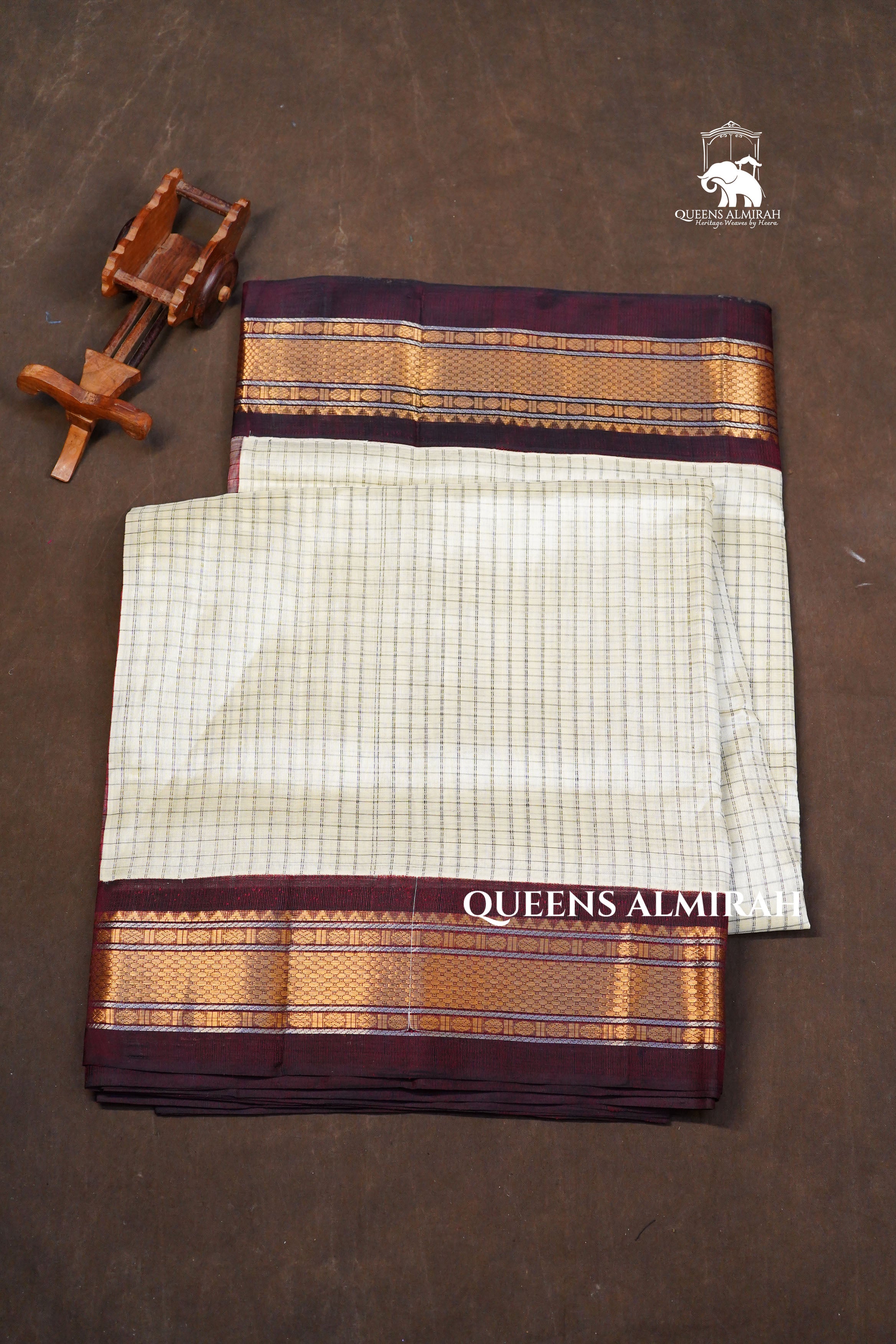 White Kattam And Maroon Pure Silk Cotton Saree
