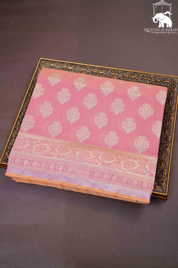 PINKISH ORANGE BANARASI SILK COTTON SAREE - Queens Jewel Emporium