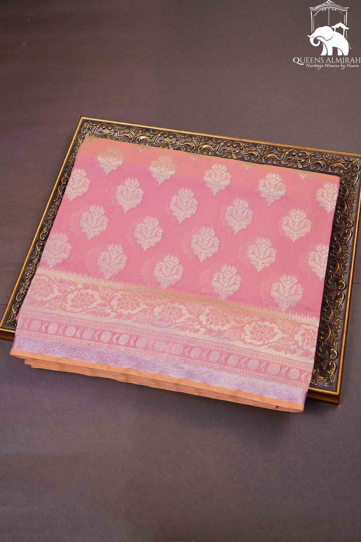 PINKISH ORANGE BANARASI SILK COTTON SAREE - Queens Jewel Emporium
