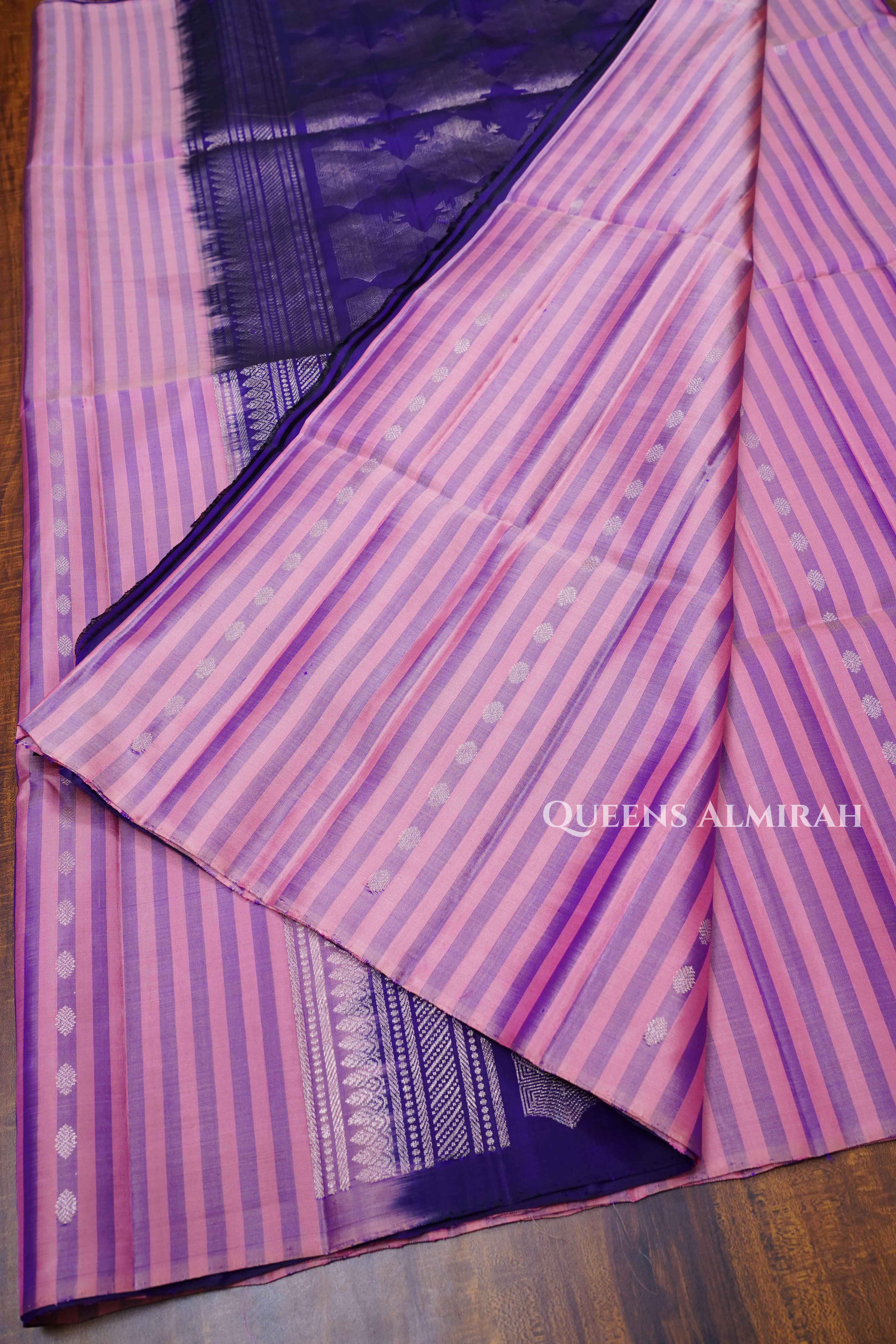 Indigo With Lavender And Pink Stripes Pure Soft Silk Saree