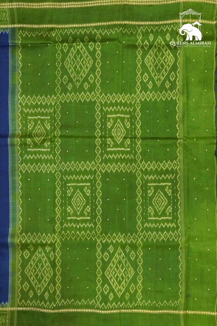 INDIGO BLUE WITH OLIVE GREEN MULBERRY SILK SAREE - Queens Jewel Emporium