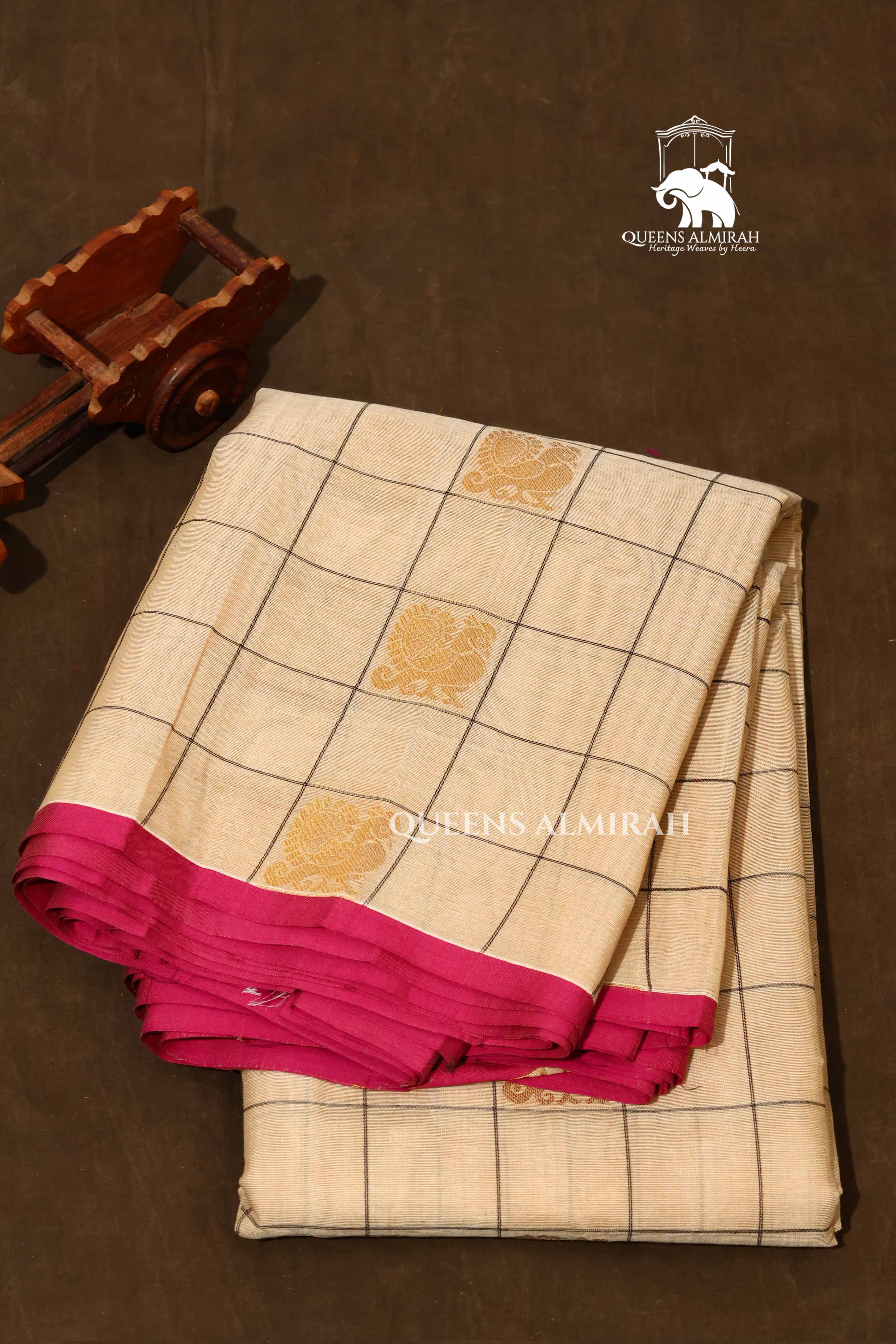 Off White Kattam With Peacock Butta Kanchi Cotton Saree