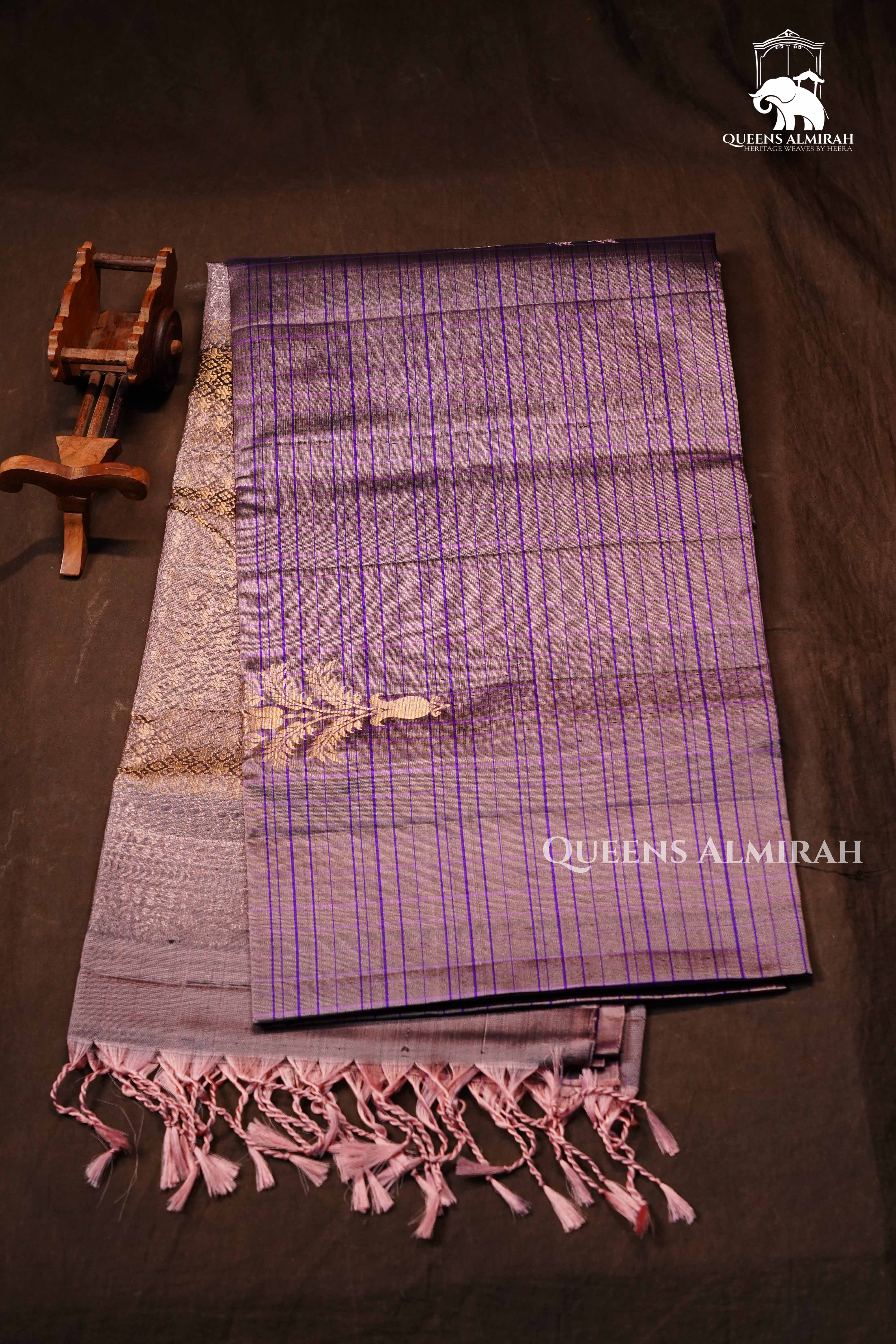 Pinkish Grey With Purple Stripes Pure Soft Silk Saree