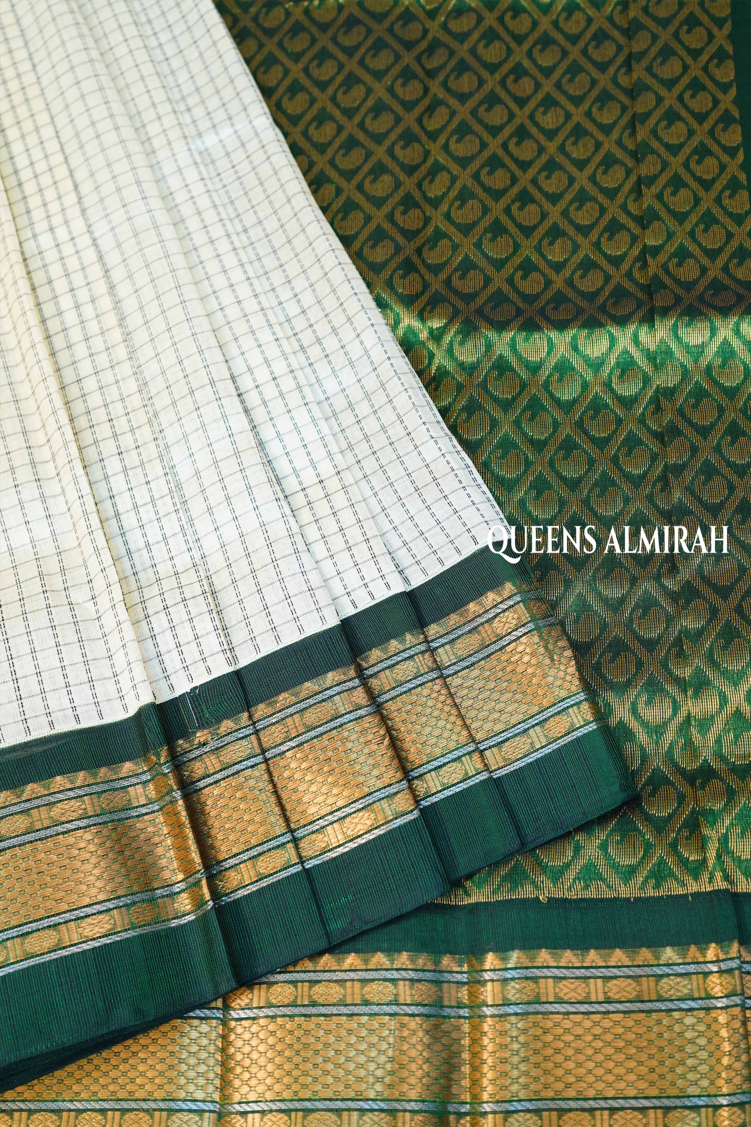 White Kattam With Green Pure Silk Cotton Saree
