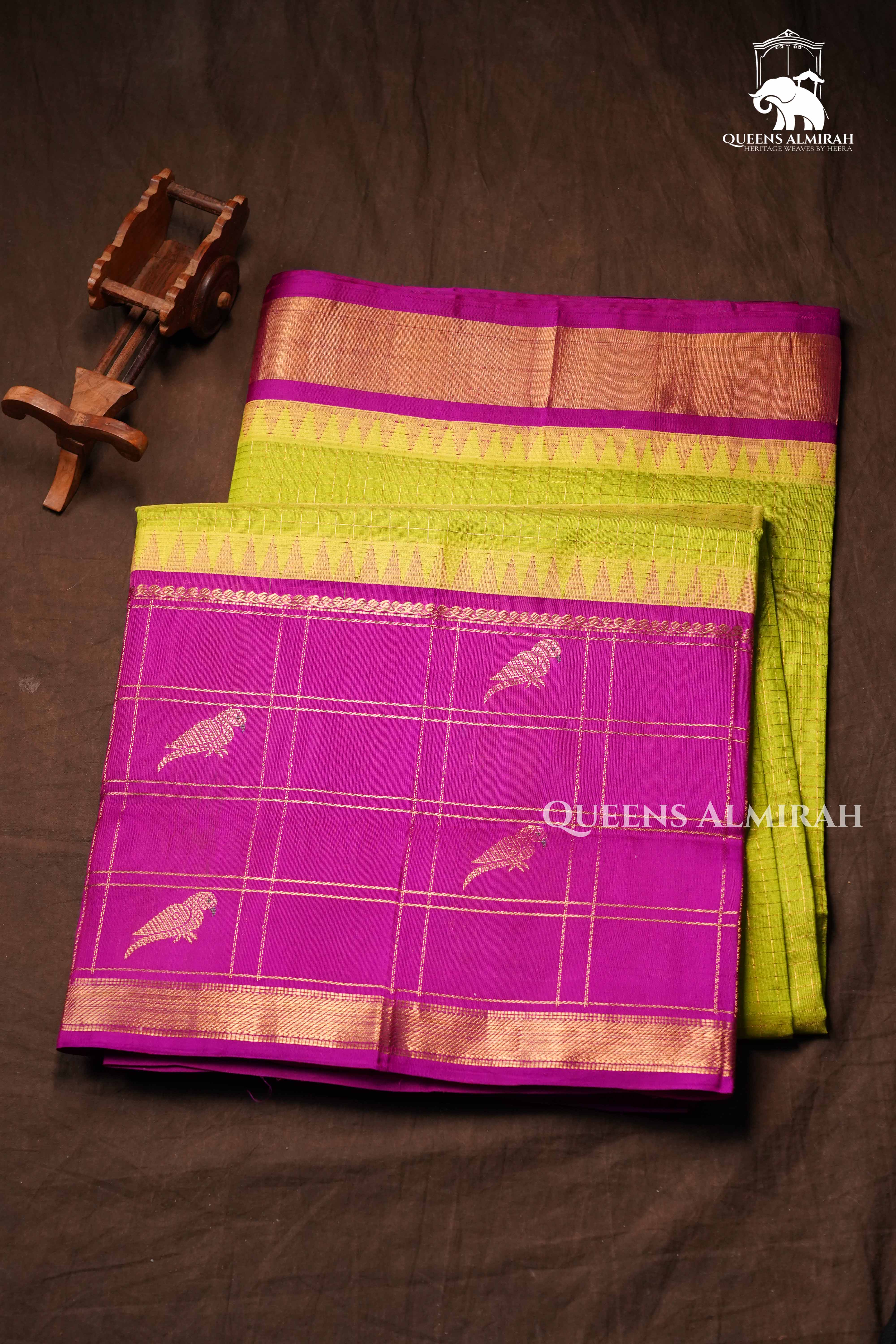 Parrot Green With Purple Pure Kanchi Silk Cotton Saree