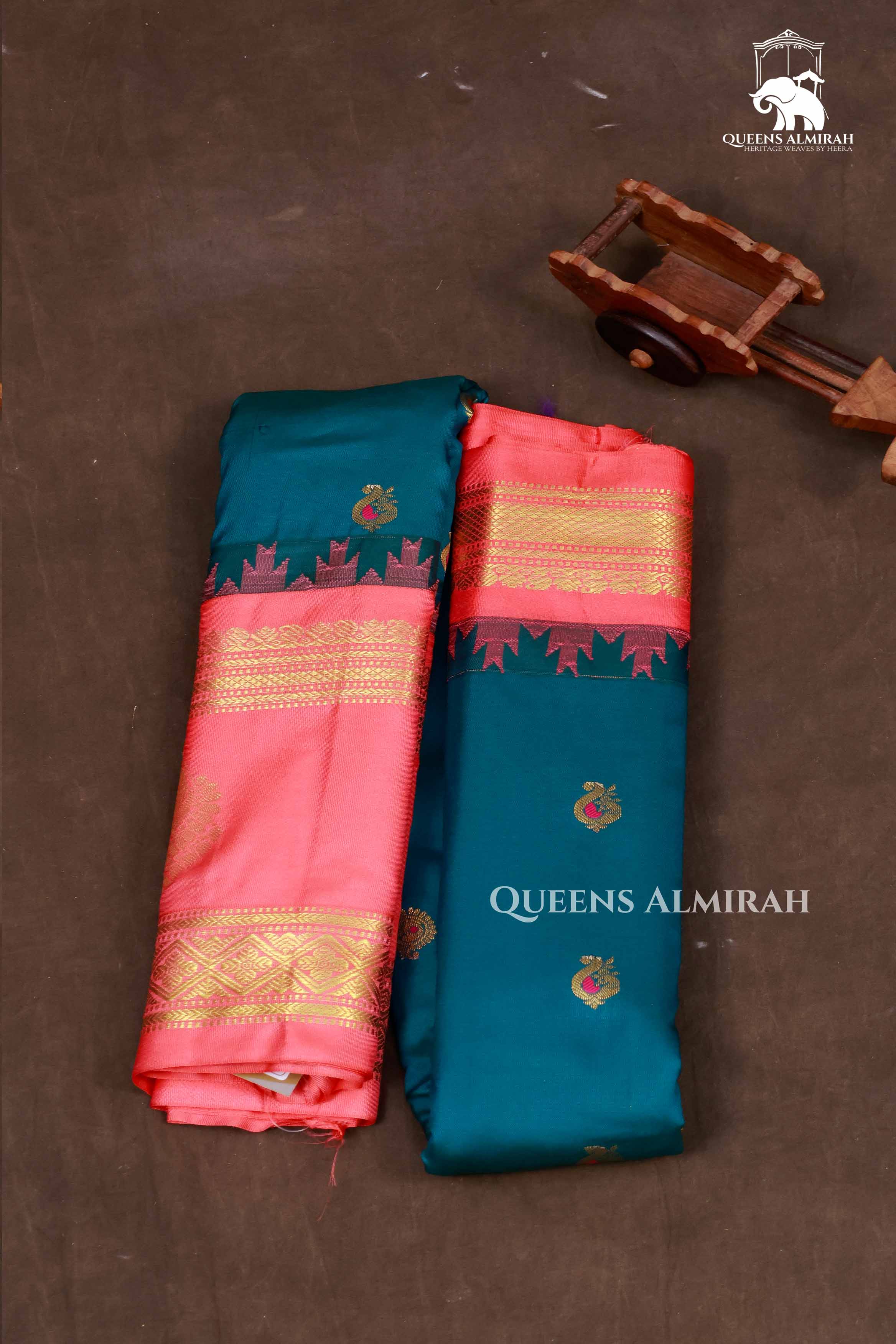 Peacock Blue With Orange Semi Gadwal Silk Saree