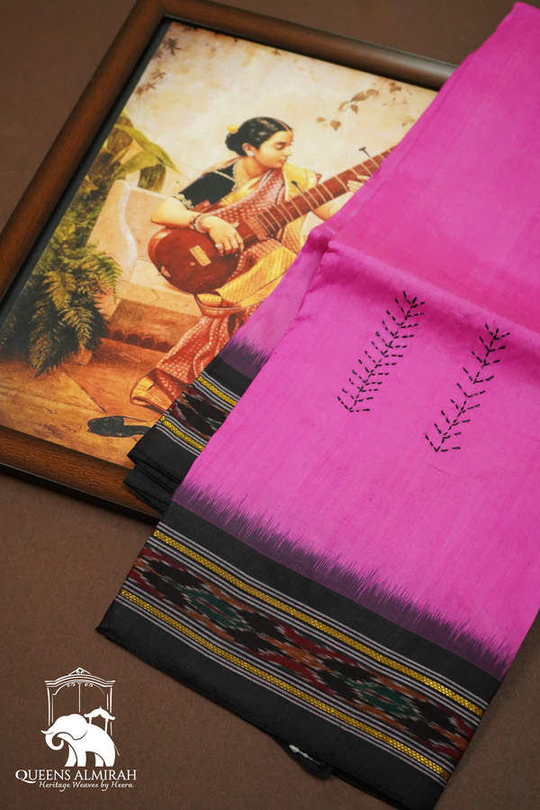 RASPBERRY PINK WITH BLACK BORDER MULBERRY SILK SAREE - Queens Jewel Emporium