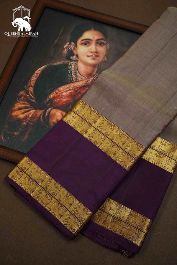 PURPLISH GREY WITH PLUM PURPLE KANCHIVARAM SILK SAREE - Queens Jewel Emporium