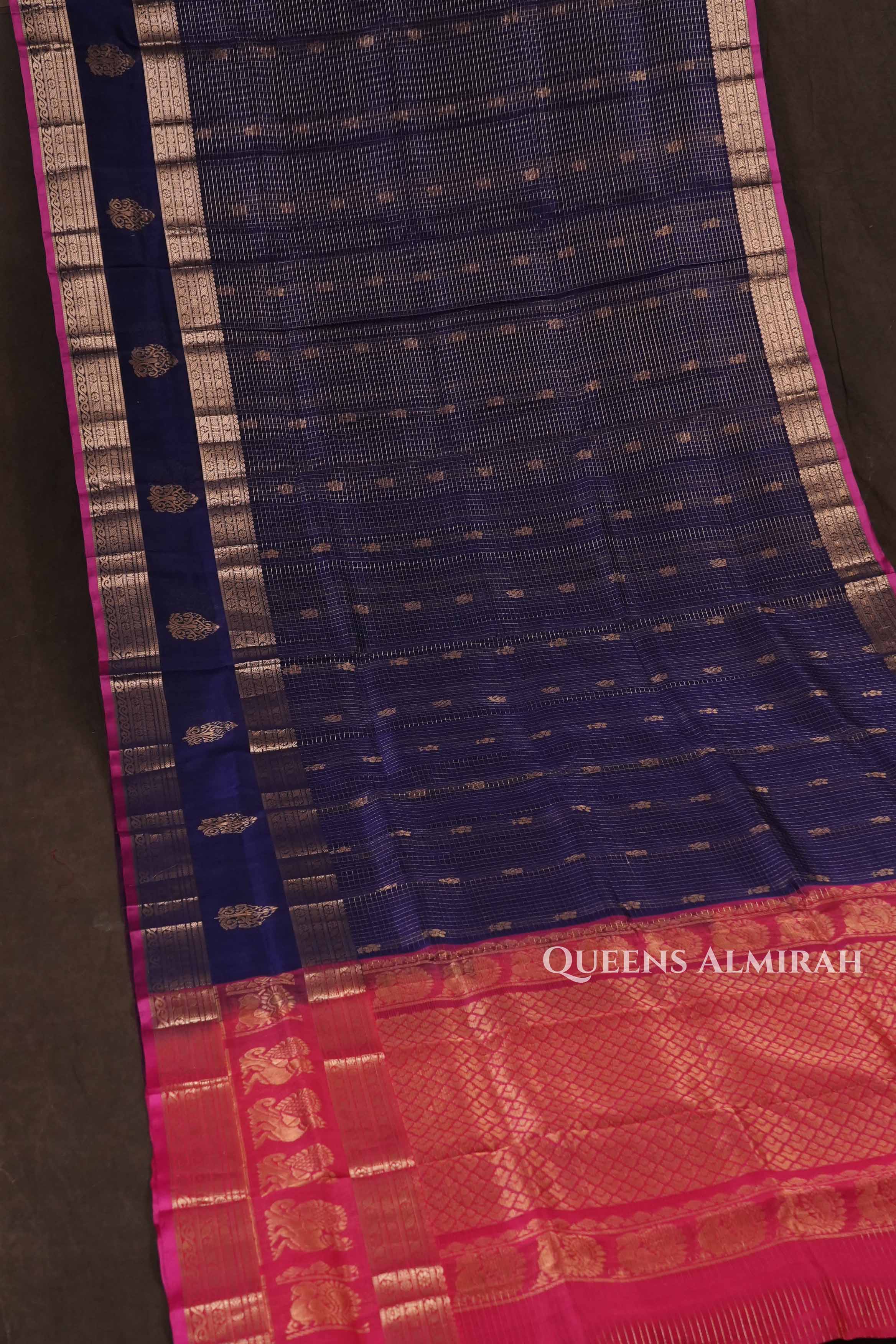 Dark Navy Blue With Pink Pure Silk Cotton Saree