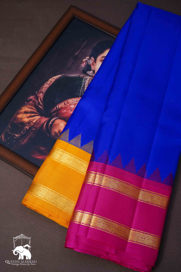 MS BLUE WITH MUSTARD YELLOW AND PINK PURE KANCHIVARAM SILK SAREE - Queens Jewel Emporium