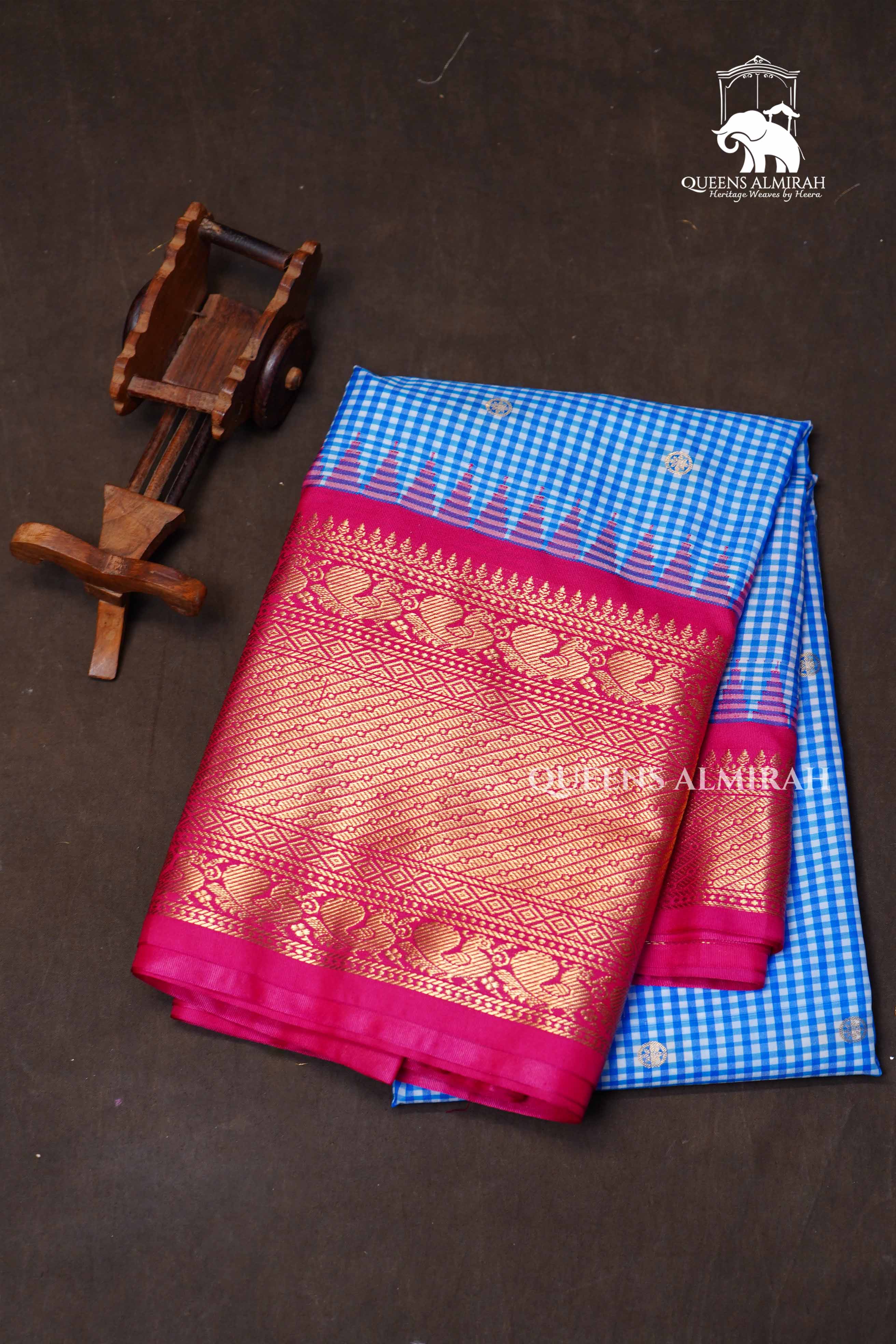 Blue Kattam With Magenta Pink  Semi Gadwal Silk Saree