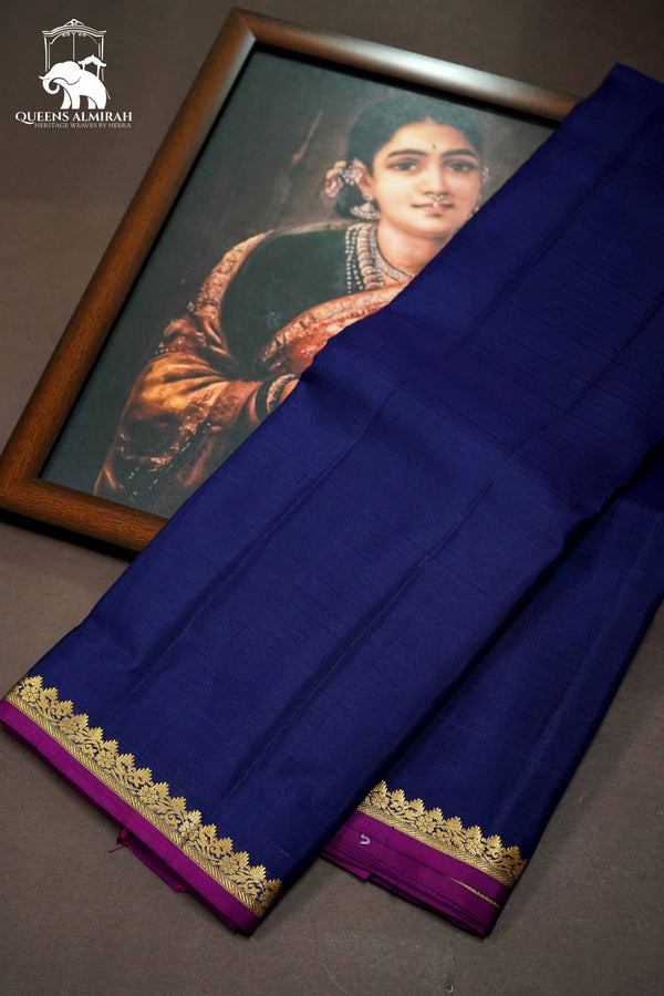 NAVY BLUE WITH GOLD BORDER KANCHIVARAM SILK SAREE - Queens Jewel Emporium