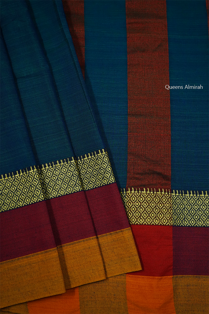 NAVY BLUE WITH BURGUNDY BORDER NARAYANPET COTTON SAREE - Queens Jewel Emporium