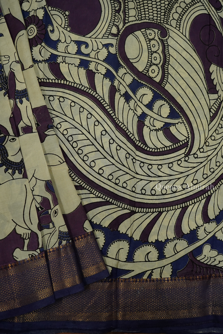 MUTED PURPLE WITH DUSKY BLUE MANGALGIRI SAREE - Queens Jewel Emporium