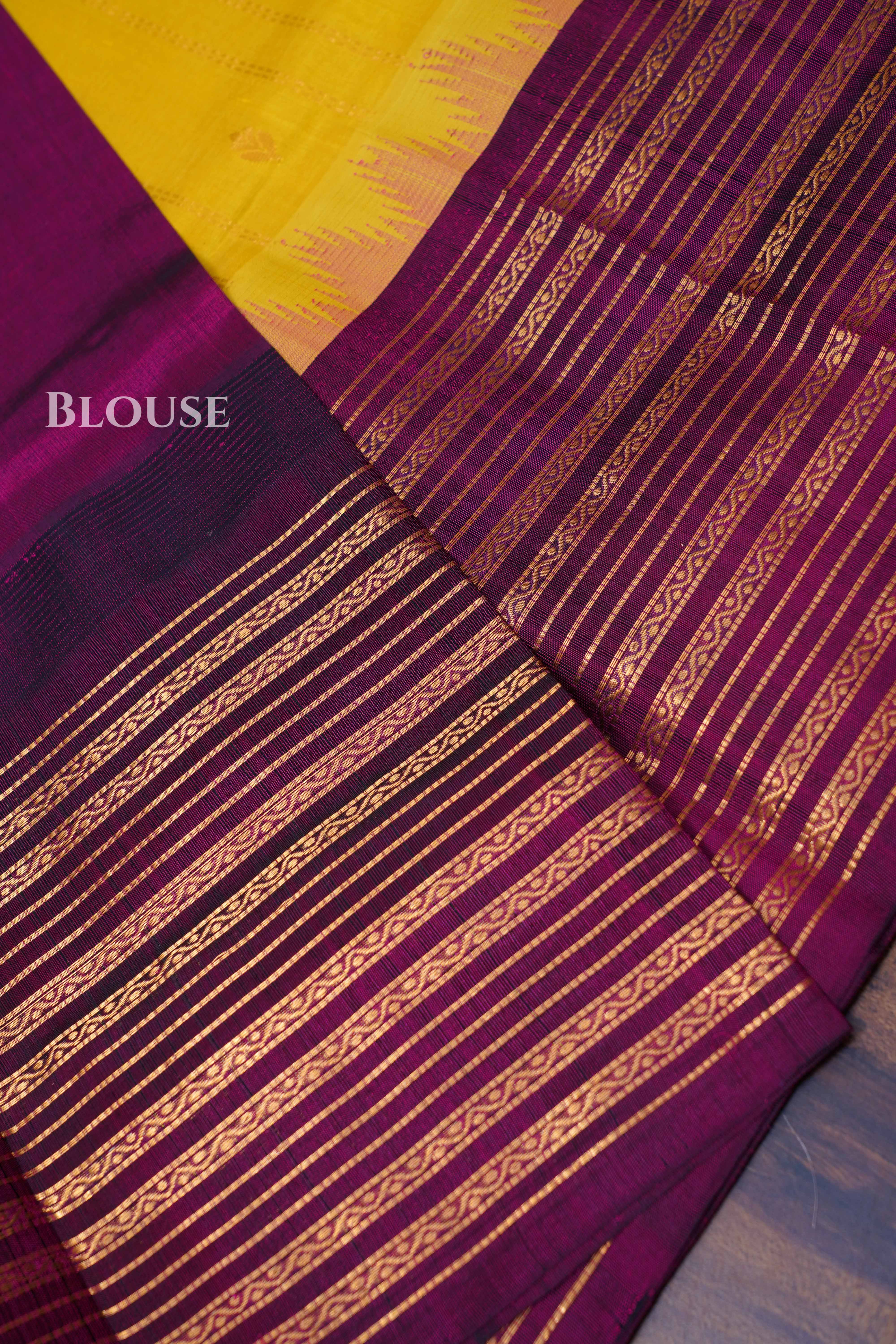 Mango Yellow With Purple Long Border Pure Kanchi Silk Cotton Saree