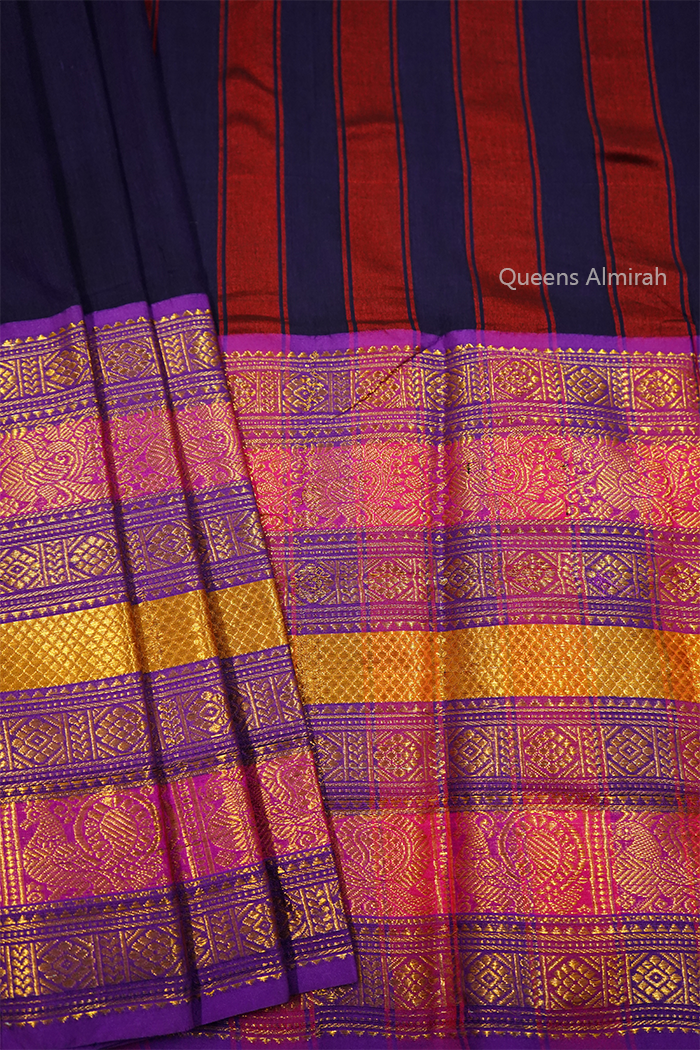 DARK PURPLE WITH LONG MULTI COLOUR BORDER NARAYANPET COTTON SAREEE - Queens Jewel Emporium