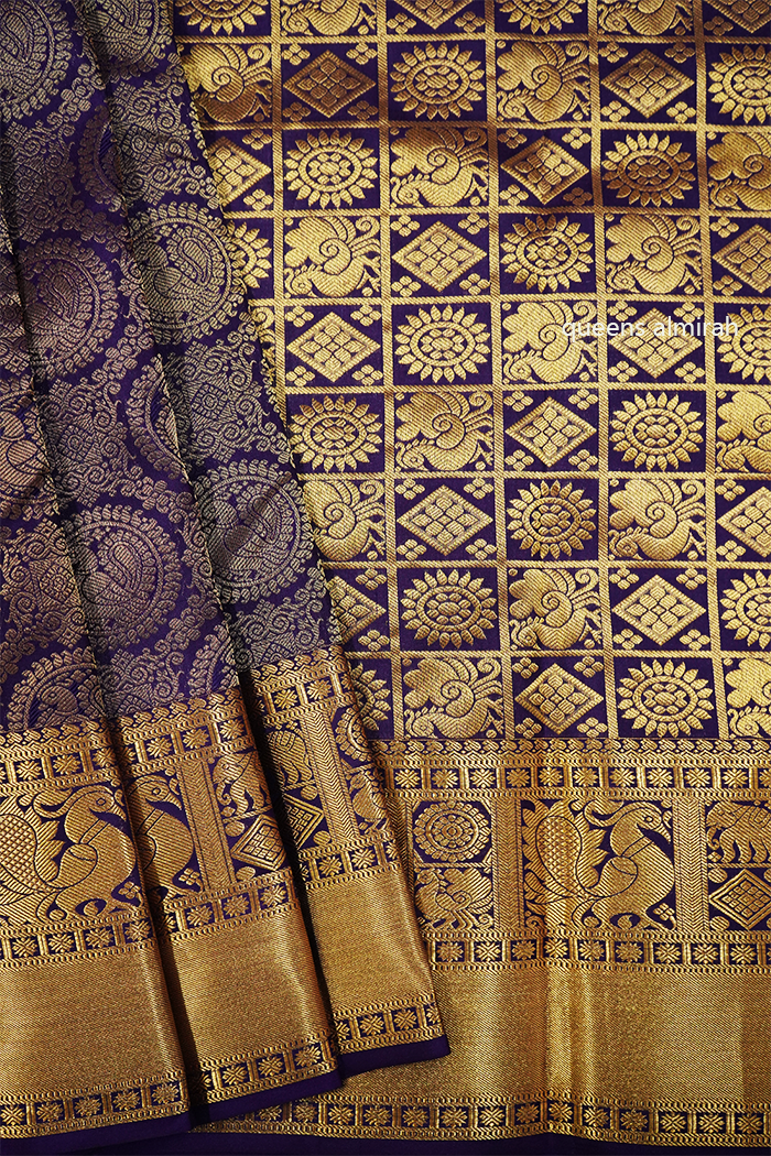 DARK PURPLE WITH GOLDEN PURE KANCHIVARAM SILK SAREE - Queens Jewel Emporium
