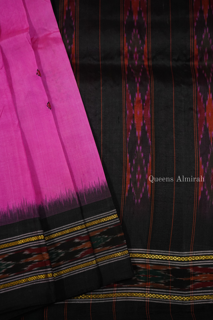 RASPBERRY PINK WITH BLACK BORDER MULBERRY SILK SAREE - Queens Jewel Emporium
